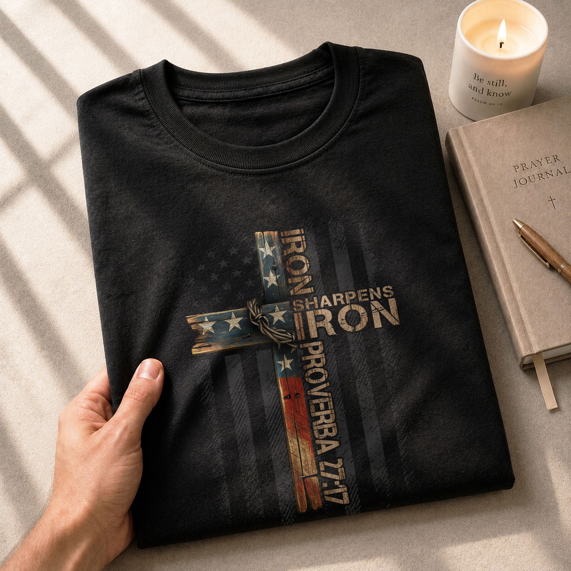 Christian Shirts for Men - Iron Sharpens Iron American Flag Cross, Christian Tee Shirts - Rust Field Wear