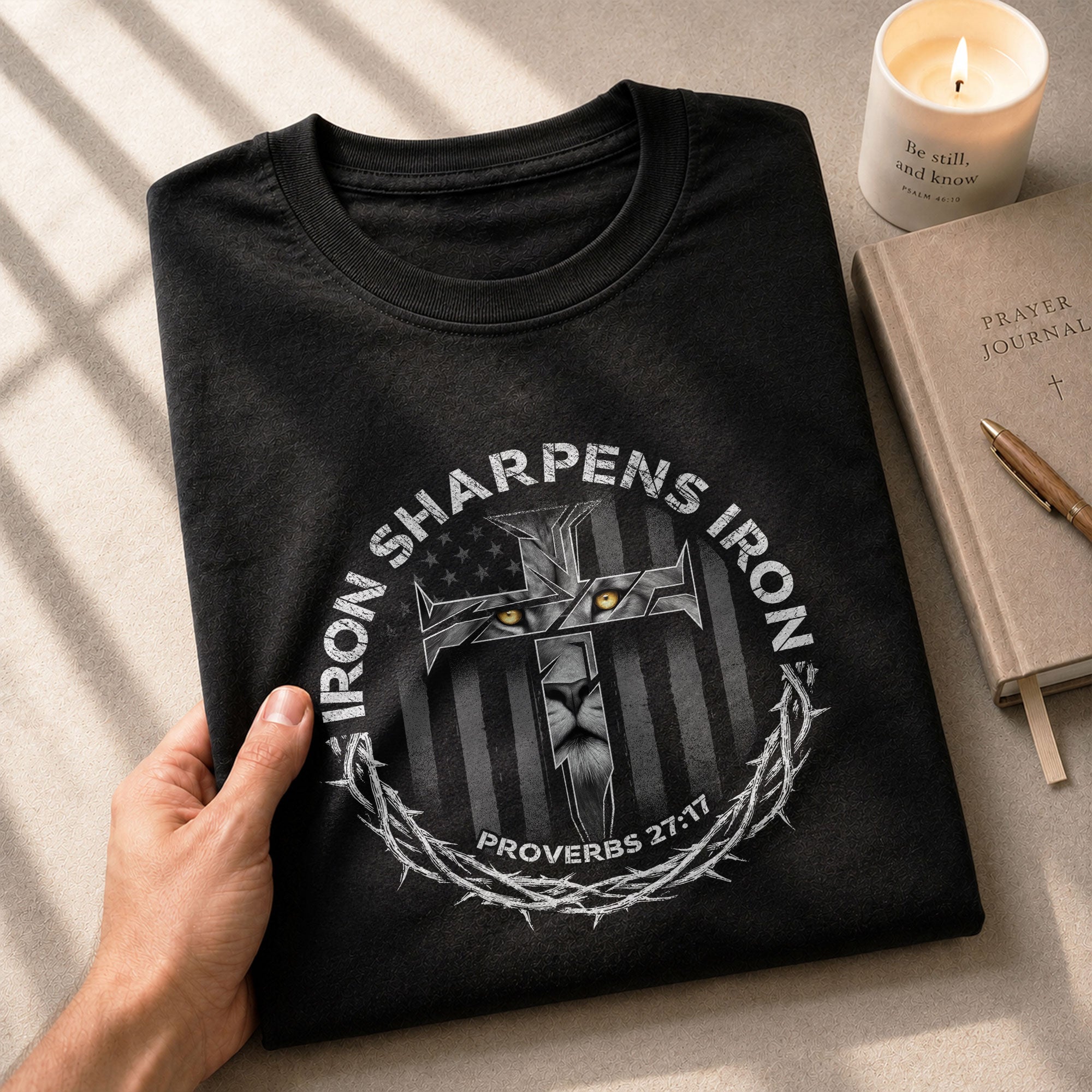 Christian Shirts for Men, Iron Sharpens Iron Proverbs 27:17 Lion Cross - Christian Tee Shirts - Rust Field Wear