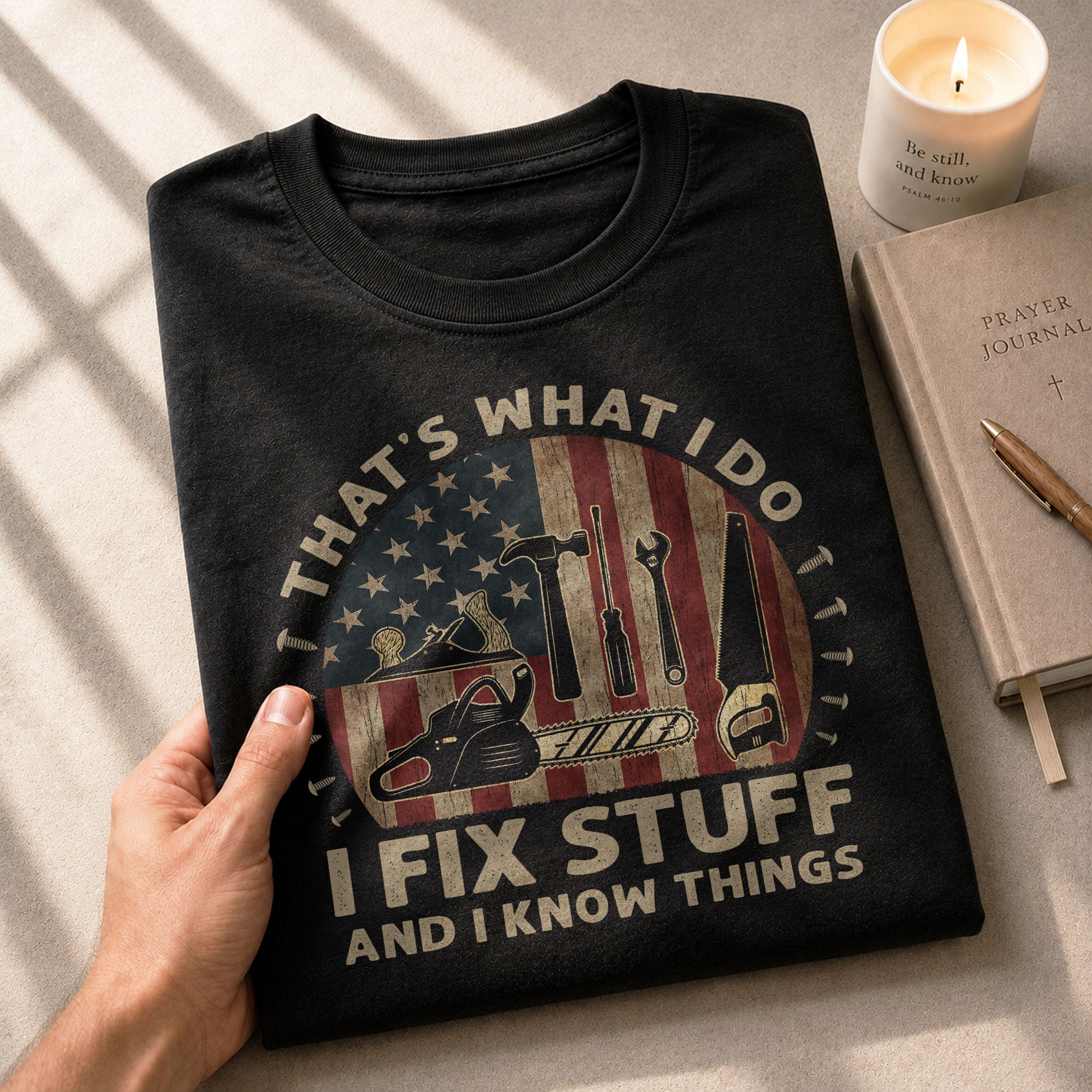 Men Woodworking Tool Graphic T-Shirt I Fix Stuff And I Know Things Chainsaw Flag Tee