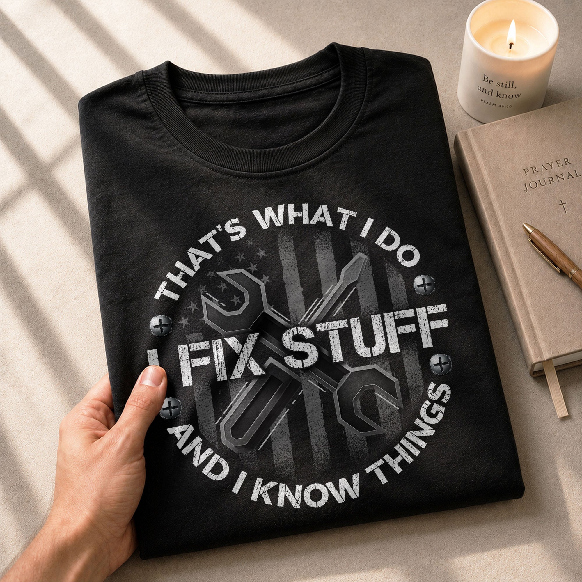 Men Graphic Circular Badge T-Shirt I Fix Stuff And I Know Things Tool Quote Tee