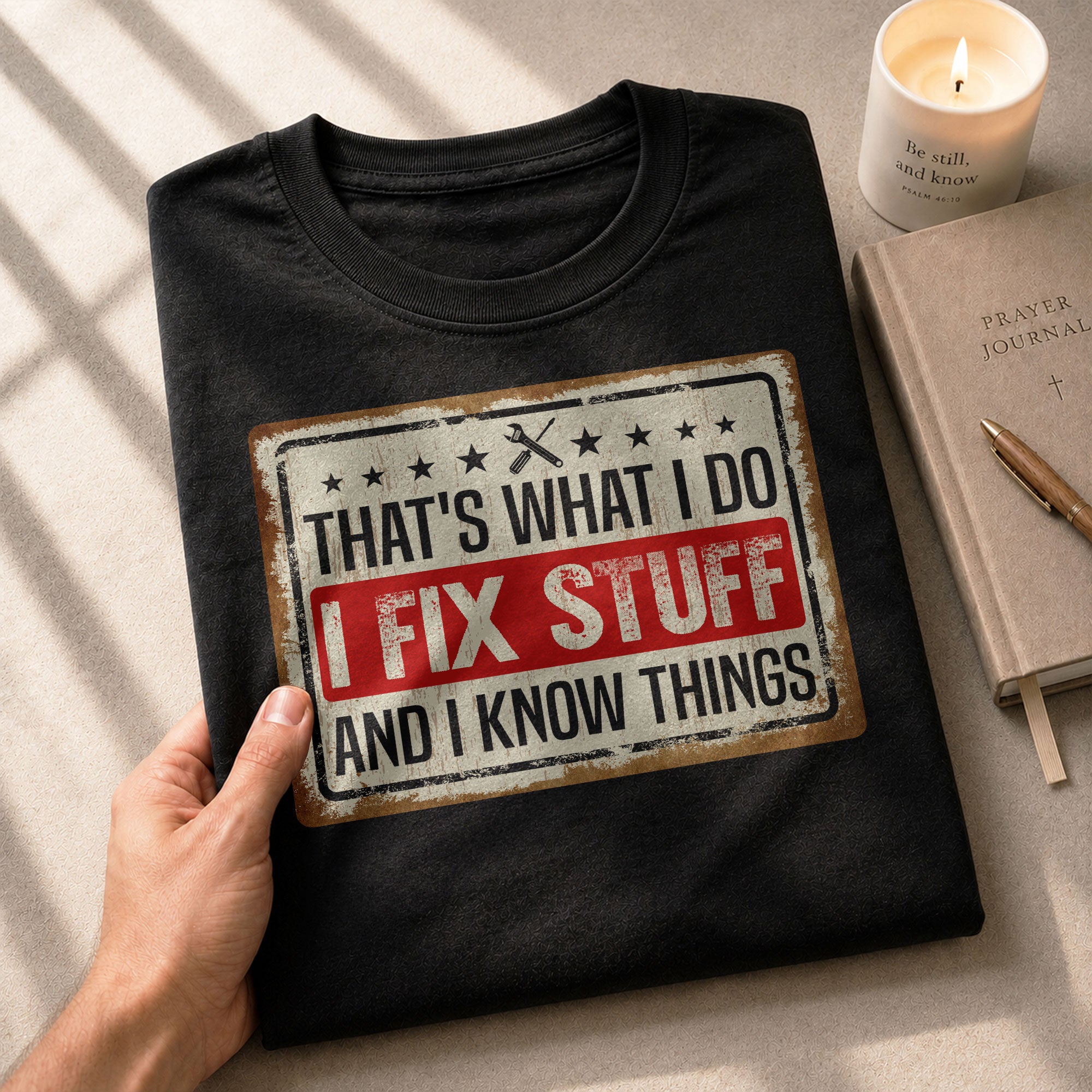 Men Vintage License Plate Graphic T-Shirt I Fix Stuff And I Know Things Sign Tee