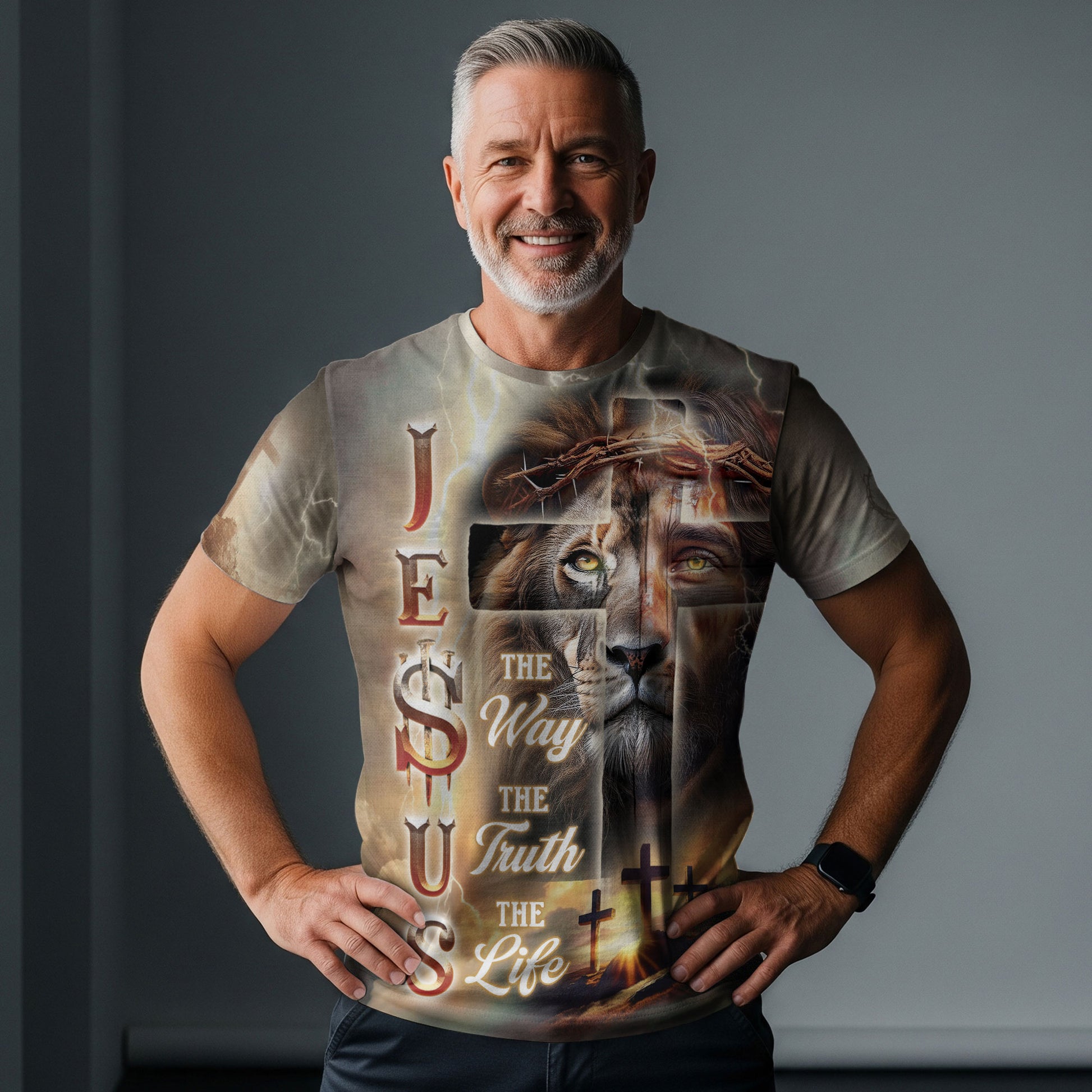 RustField Co Christian Tee Shirts - Jesus The Way The Truth The Life Lion and Cross Lightning, Freedom Shirts for Men - Rust Field Wear