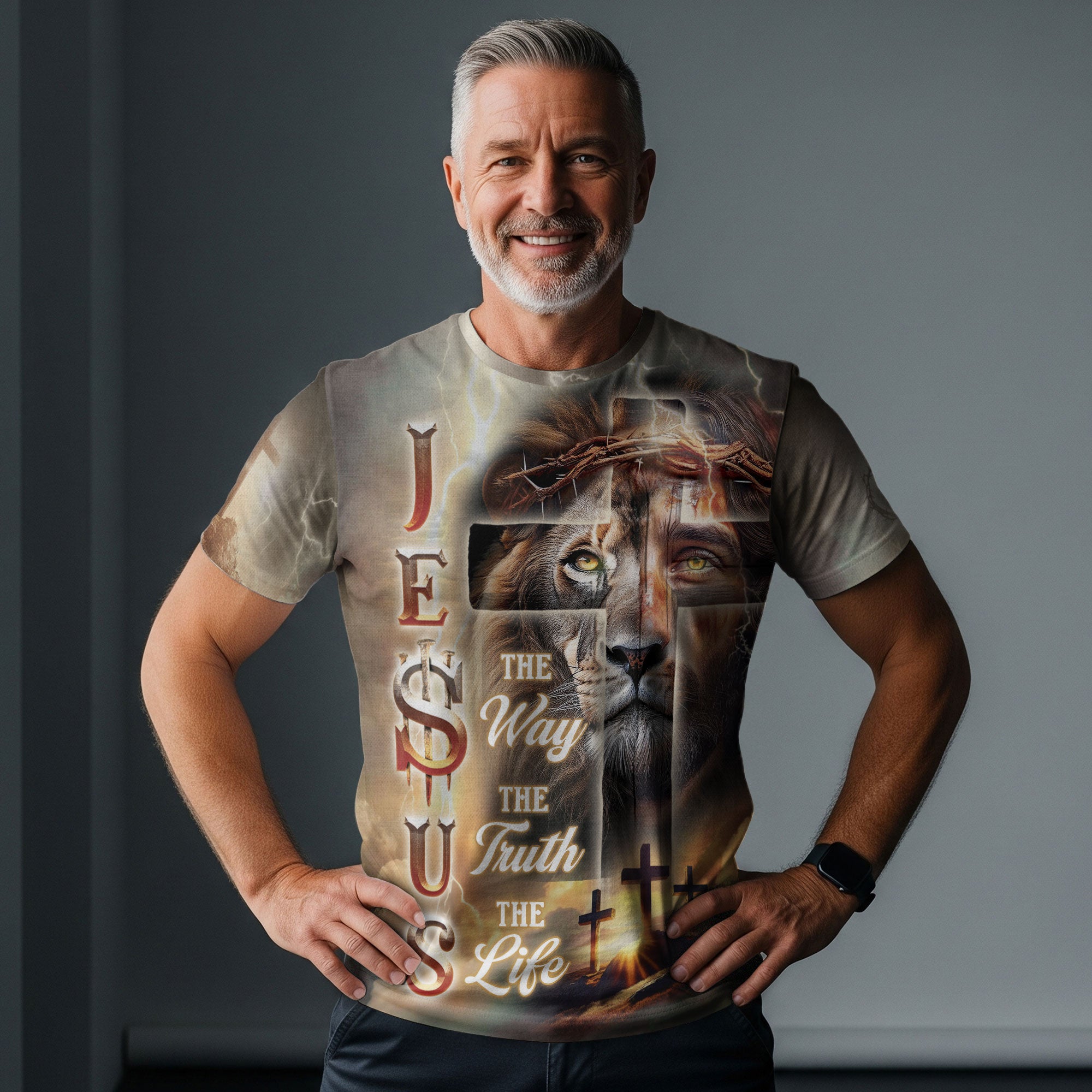 RustField Co Christian Tee Shirts - Jesus The Way The Truth The Life Lion and Cross Lightning, Freedom Shirts for Men - Rust Field Wear