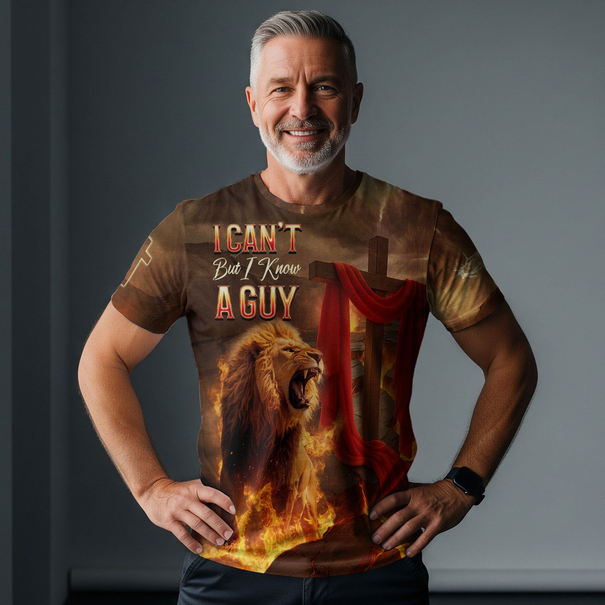 RustField Co Christian Tee Shirts - I Can't But I Know A Guy Lion of Judah Fire Cross, Freedom Shirts for Men - Rust Field Wear