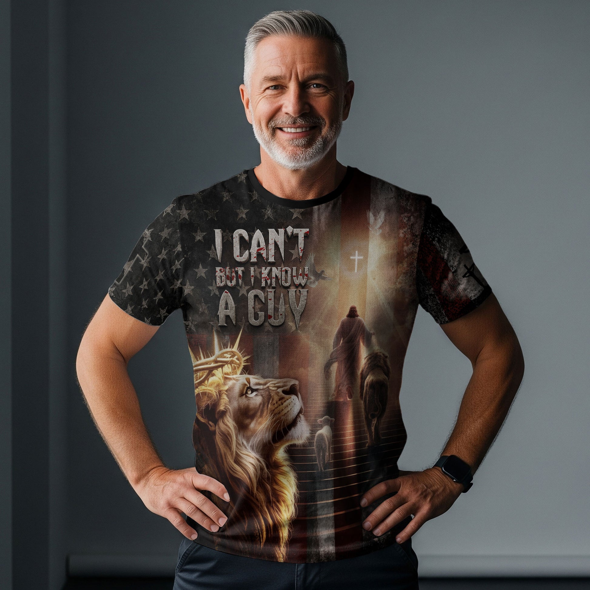 Christian Tee Shirts, I Can't But I Know A Guy Lion and Cross American Flag - Freedom Shirts for Men, RustField Co - Rust Field Wear