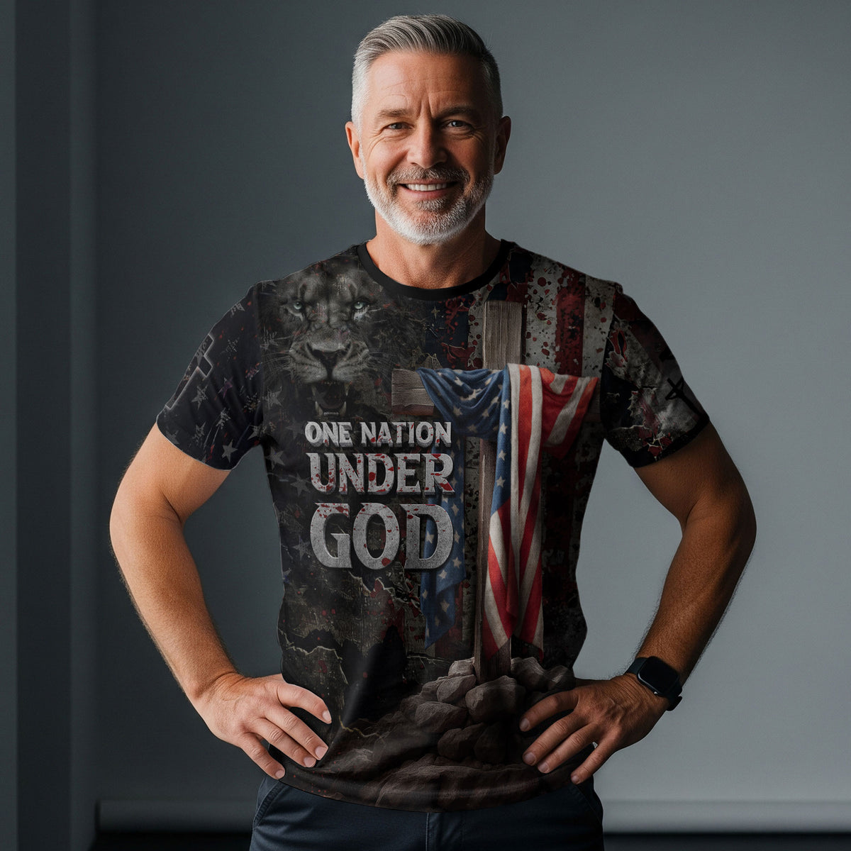 RustField Co Christian Tee Shirts - One Nation Under God Lion and Cross, Freedom Shirts for Men - Rust Field Wear