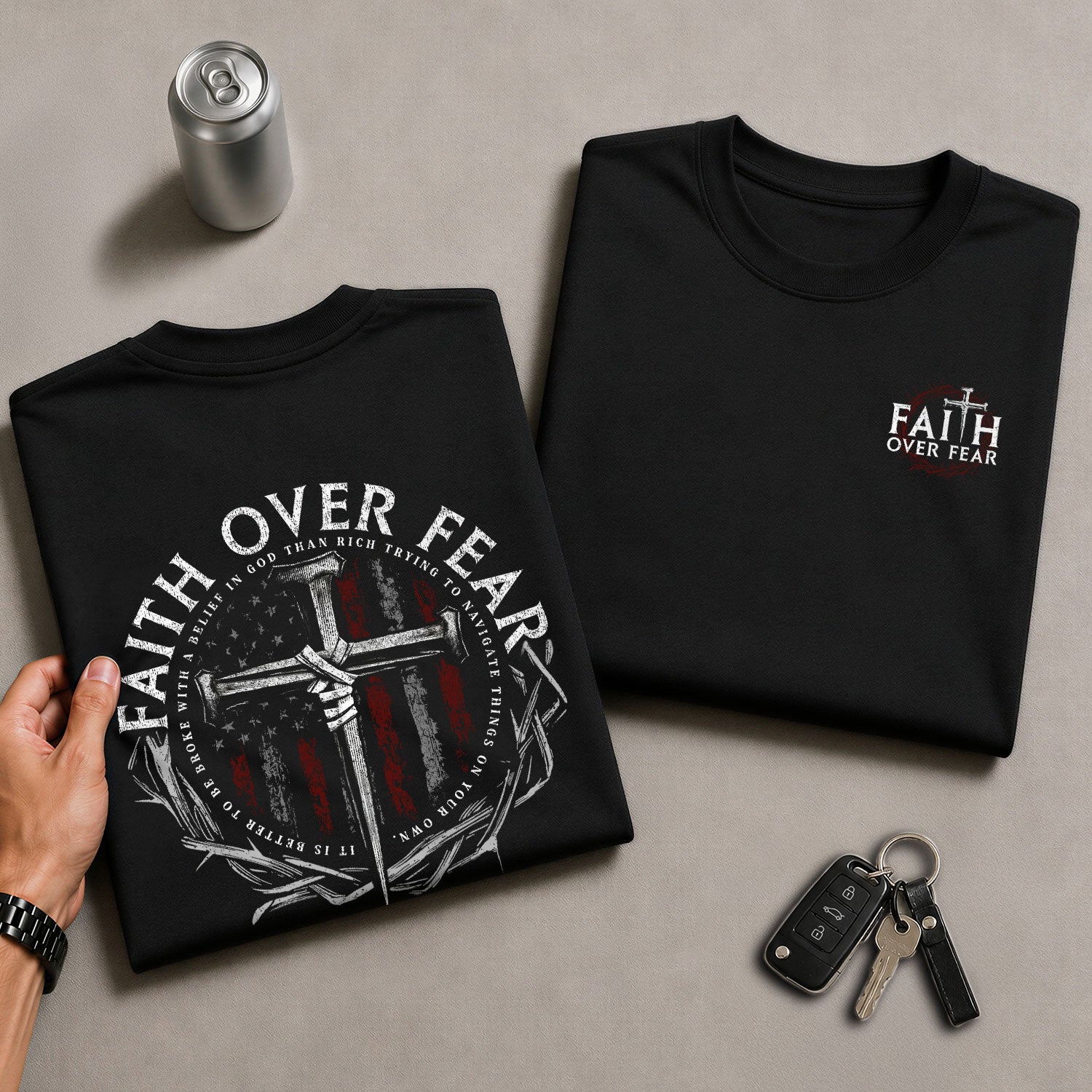 Faith Over Fear Cross With Crown of Thorns and American Flag Christian, Christian Tee Shirts - Faith Shirts for Men - Rust Field Wear