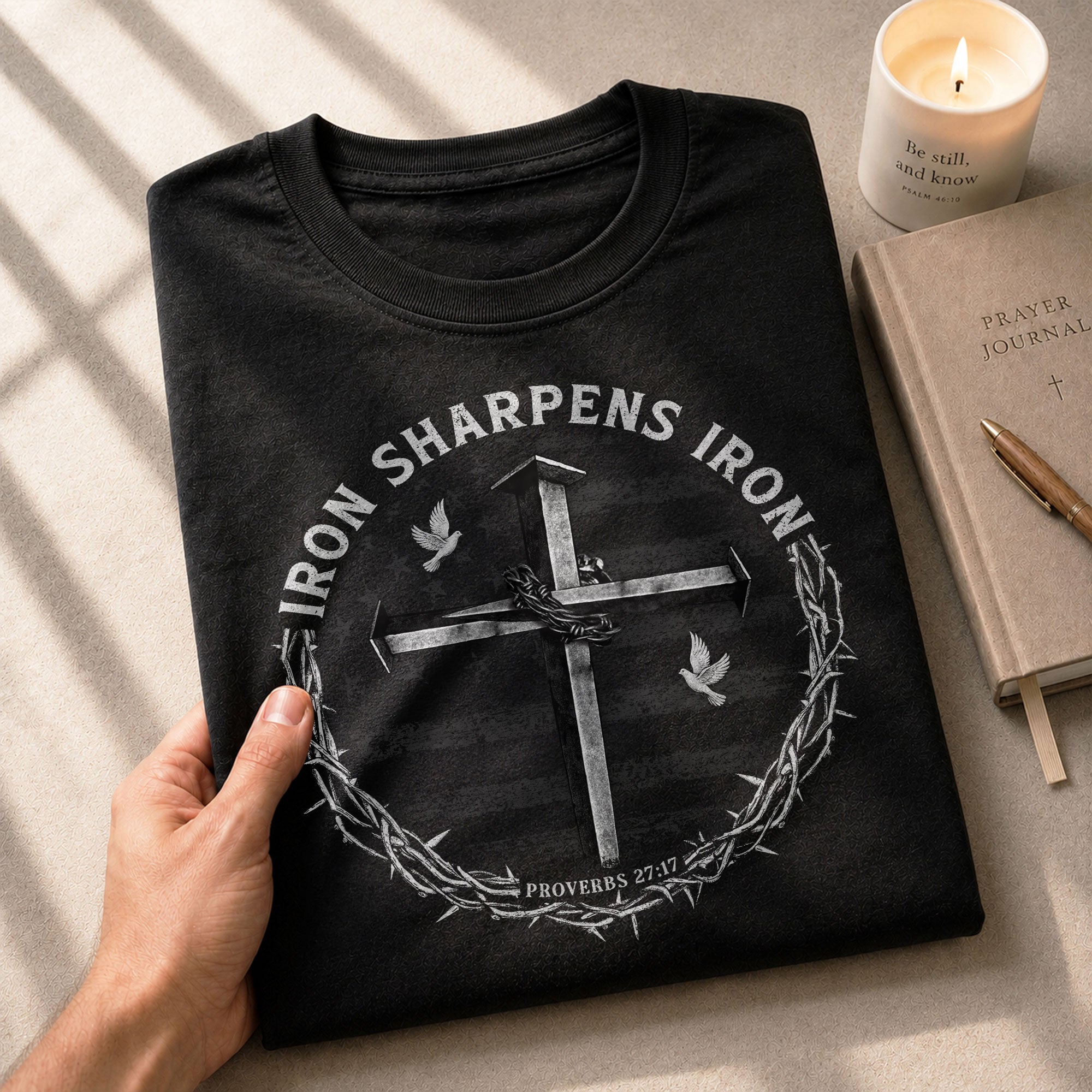 Christian Shirts for Men - Iron Sharpens Iron Cross Proverbs 27:17 Christian, Christian Tee Shirts - Rust Field Wear