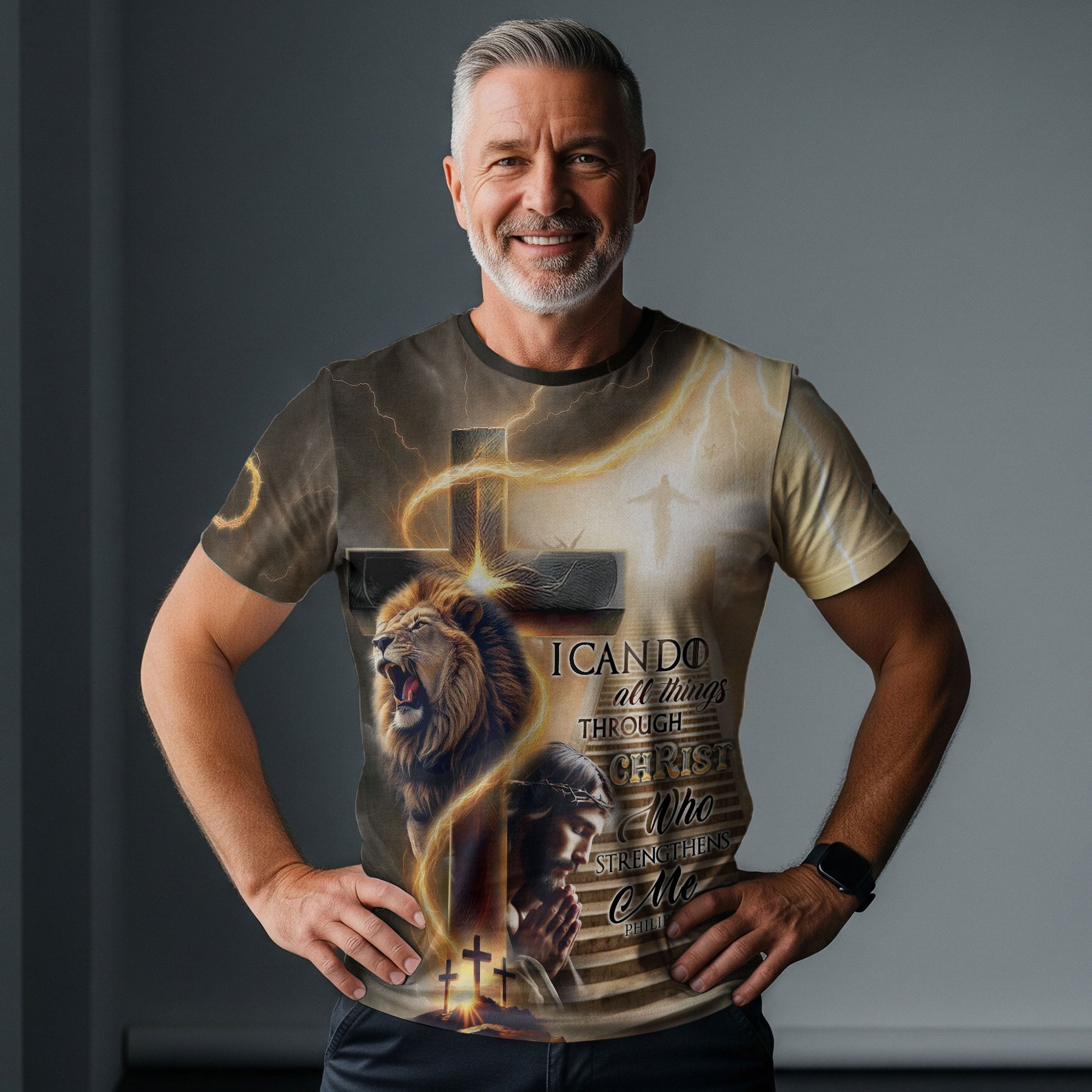 RustField Co Christian Tee Shirts - I Can Do All Things Through Christ Lion Cross Lightning, Freedom Shirts for Men - Rust Field Wear