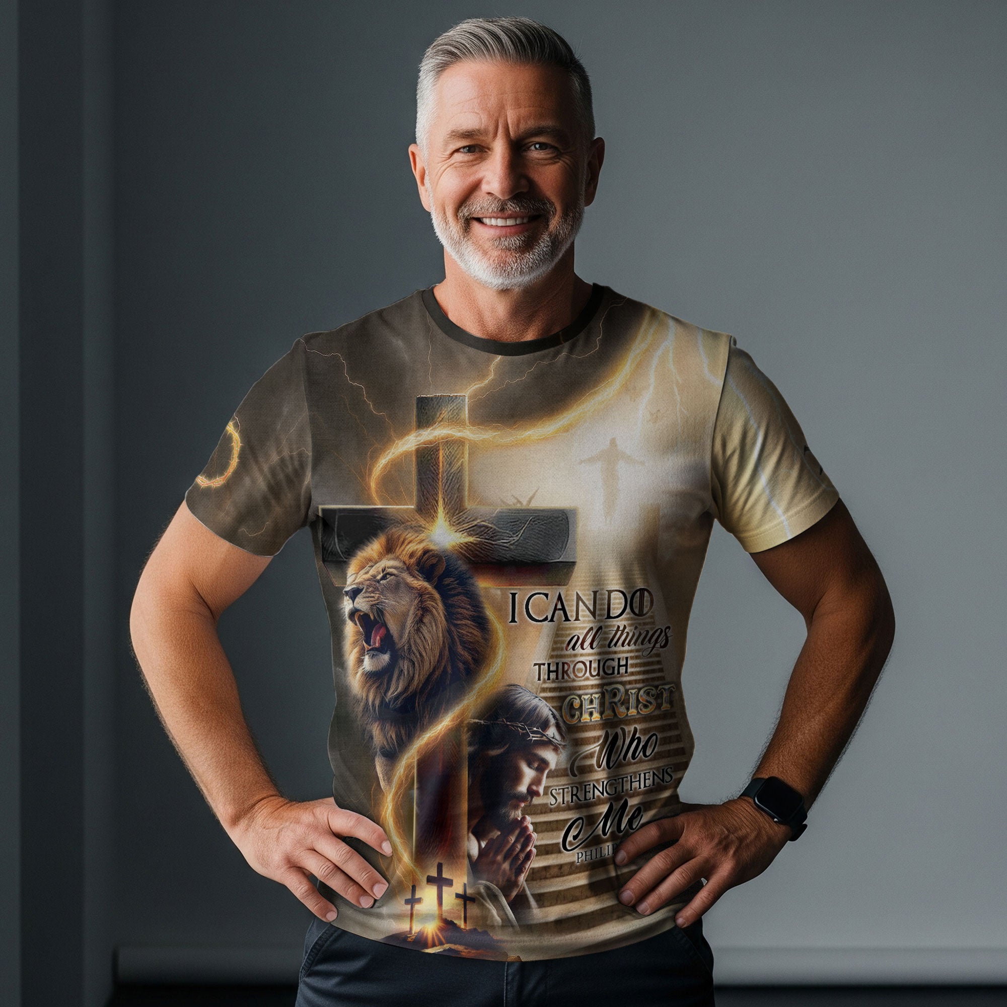 RustField Co Christian Tee Shirts - I Can Do All Things Through Christ Lion Cross Lightning, Freedom Shirts for Men - Rust Field Wear