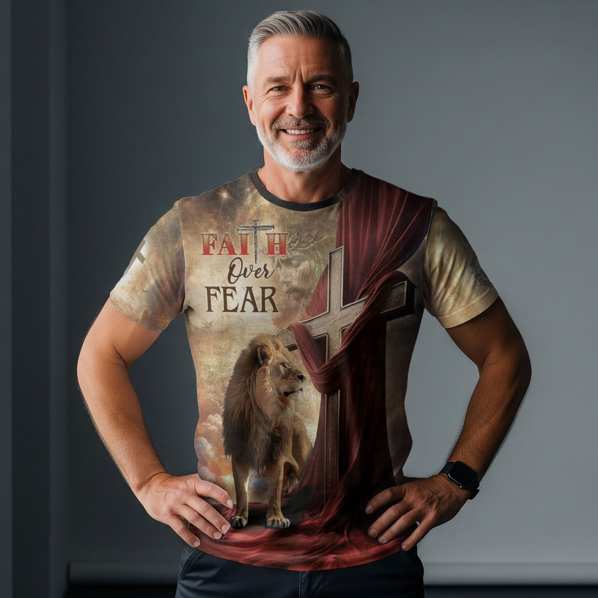 Christian Tee Shirts for Men, RustField Co - Faith Over Fear Lion and Cross Drape, Freedom Shirts - Rust Field Wear