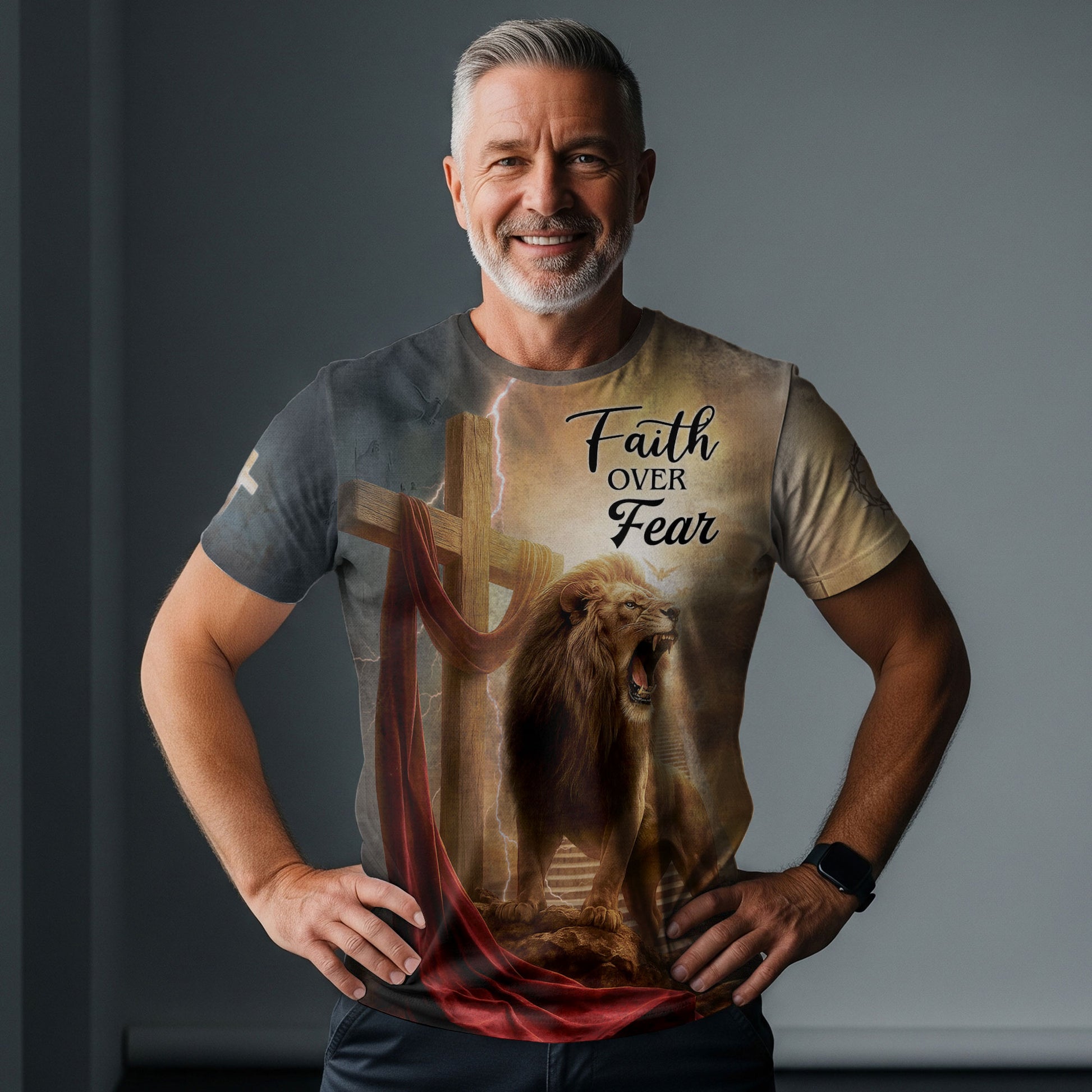 Christian Tee Shirts for Men - Faith Over Fear Lion Cross, RustField Co Freedom Shirts - Rust Field Wear