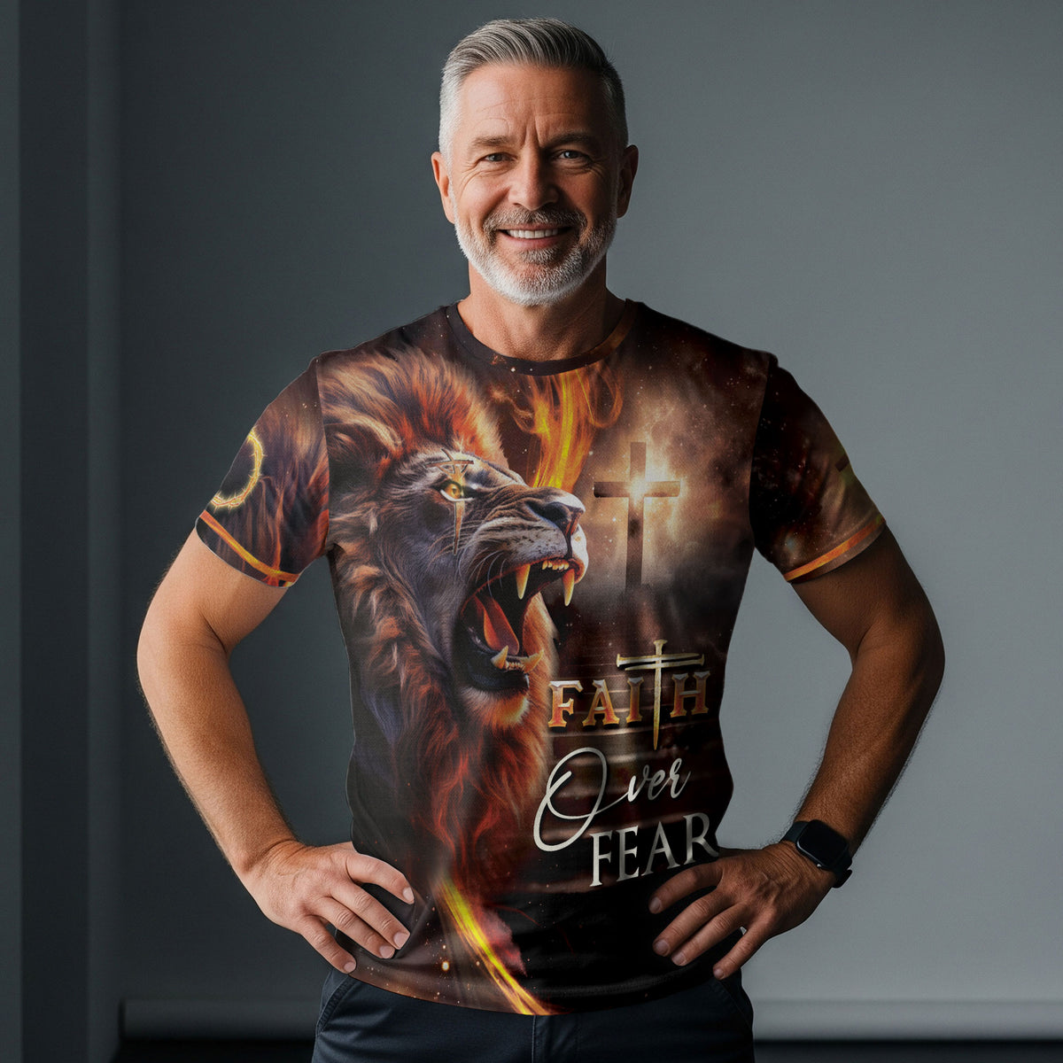 Faith Over Fear Fiery Lion and Cross Christian Tee Shirts - Freedom Shirts for Men, RustField Co - Rust Field Wear