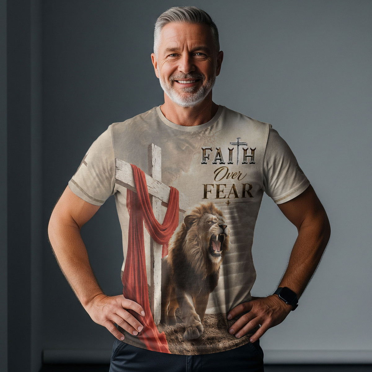 Freedom Shirts for Men, Faith Over Fear Jesus and Lion with Drape - Christian Tee Shirts, RustField Co - Rust Field Wear