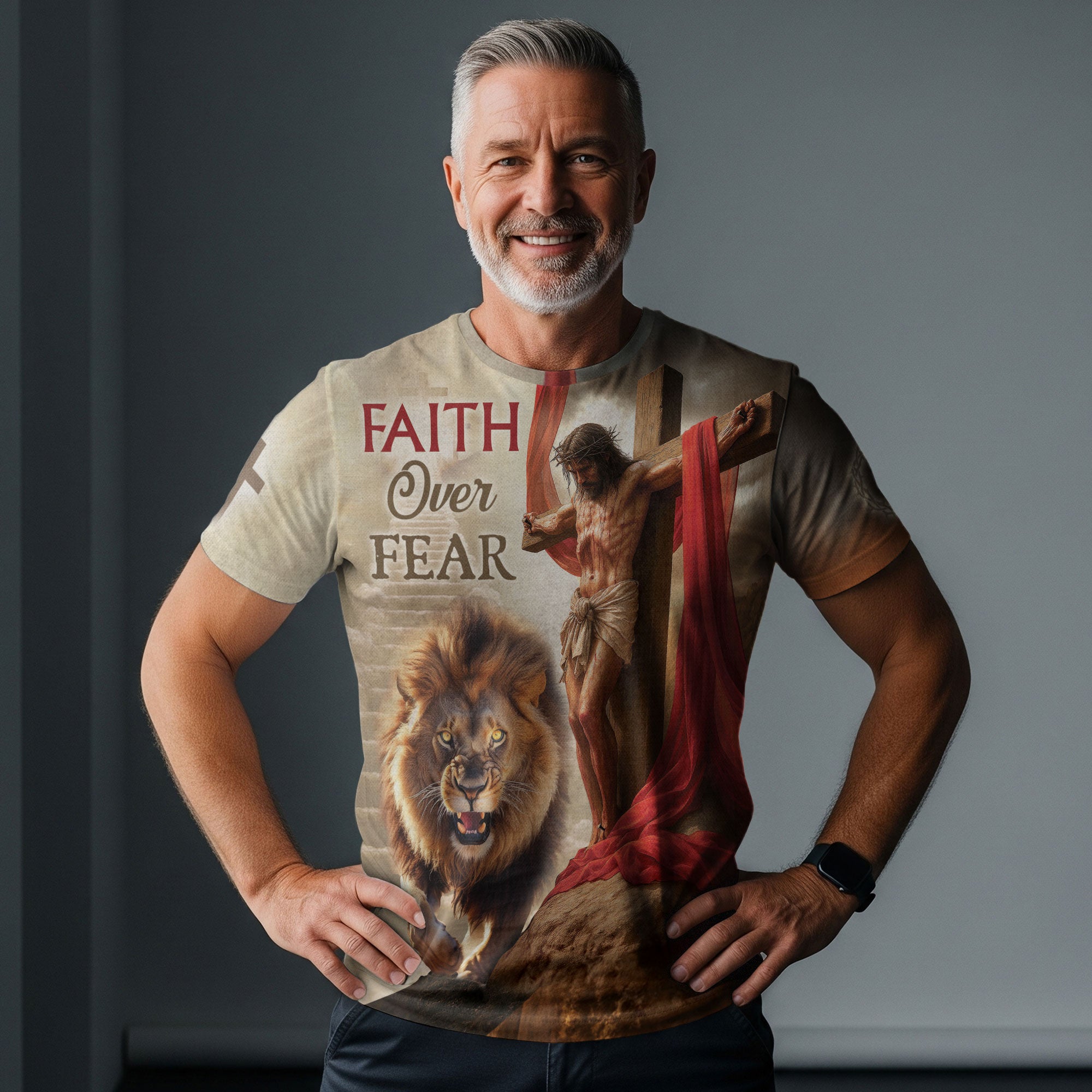 RustField Co Christian Tee Shirts - Faith Over Fear Jesus Lion and Cross, Freedom Shirts for Men - Rust Field Wear