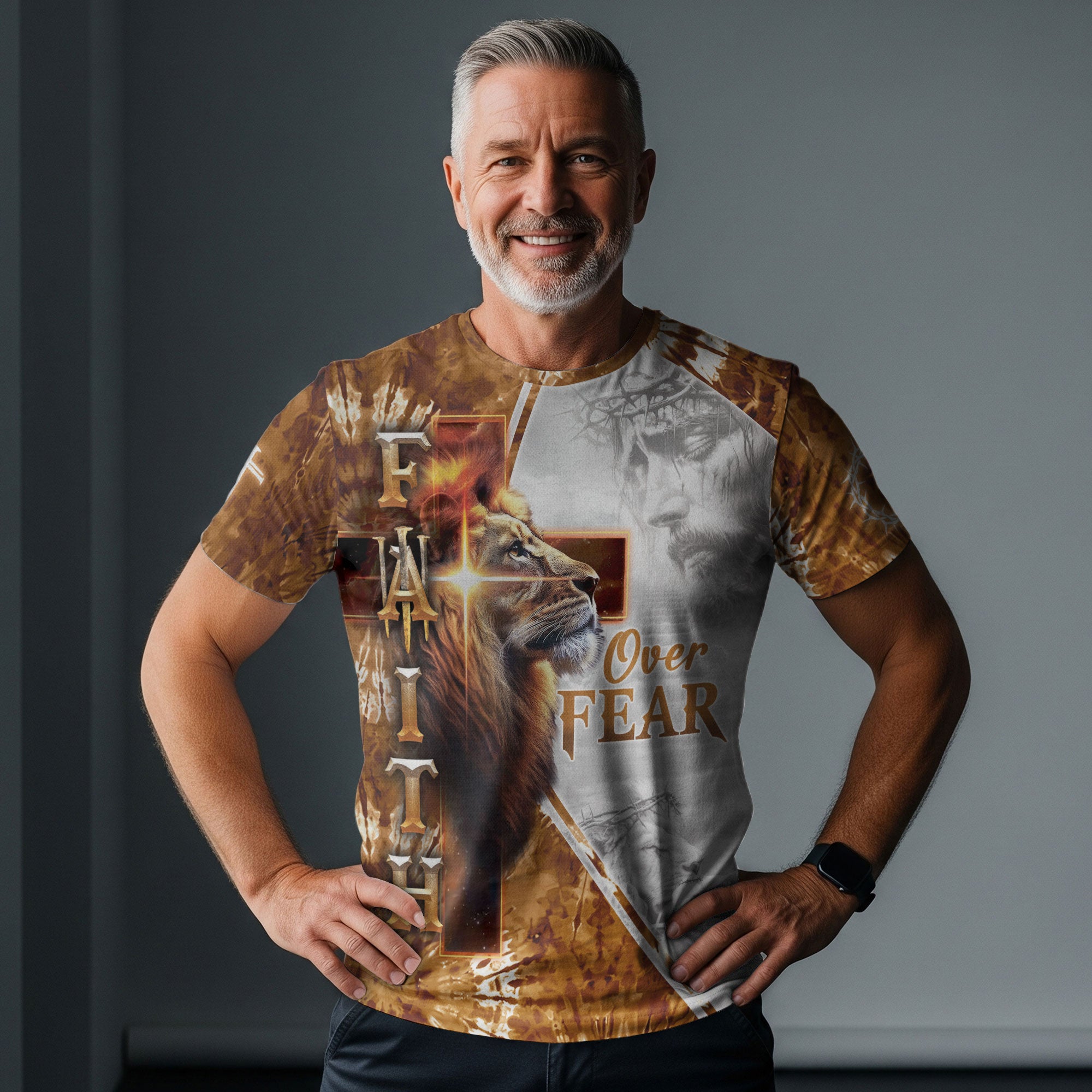 Christian Tee Shirts for Men, RustField Co - Faith Over Fear Lion and Jesus Cross, Freedom Shirts - Rust Field Wear