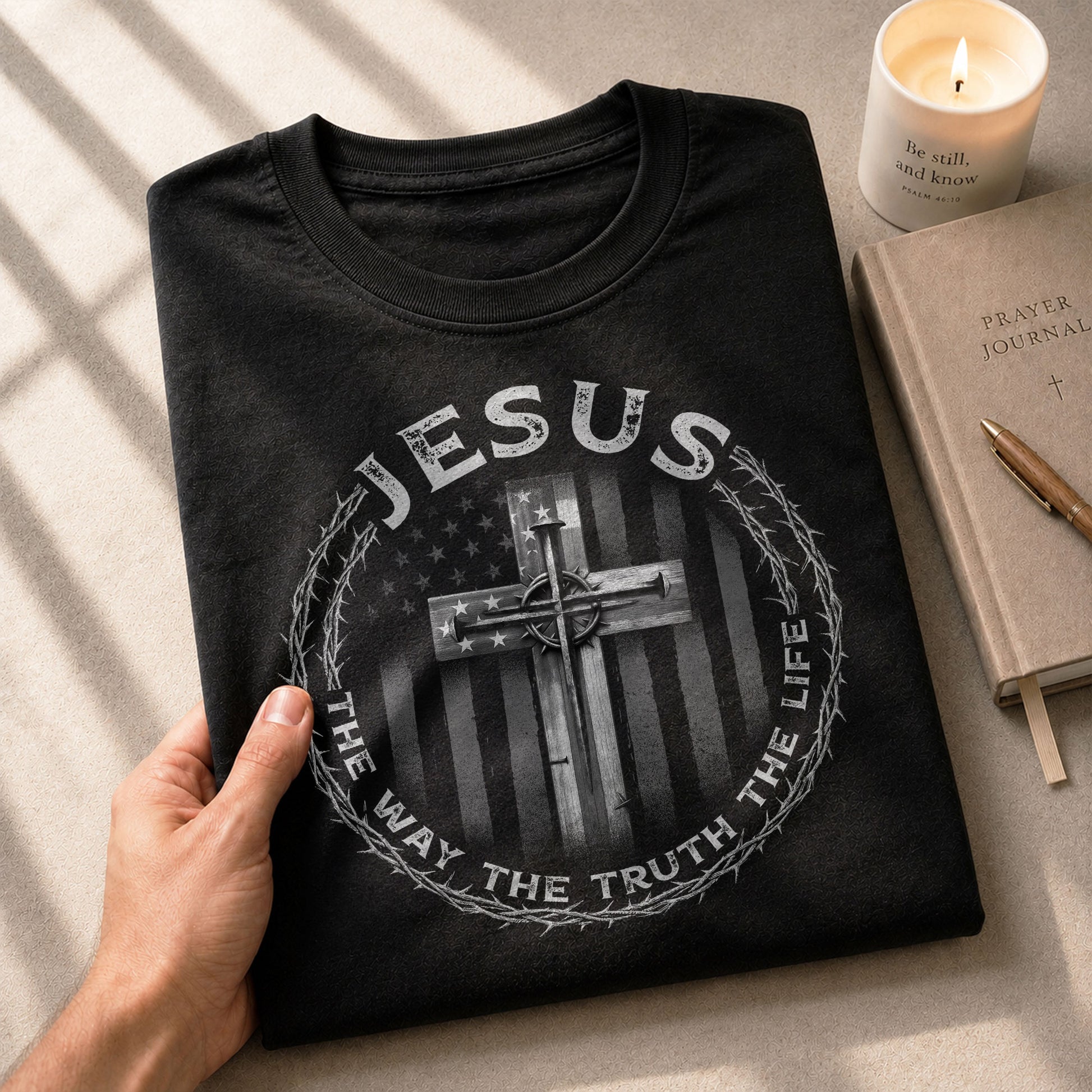 Faith Based Christian Tee Shirts, Jesus Cross American Flag The Way The Truth The Life - Christian Shirts for Men - Rust Field Wear