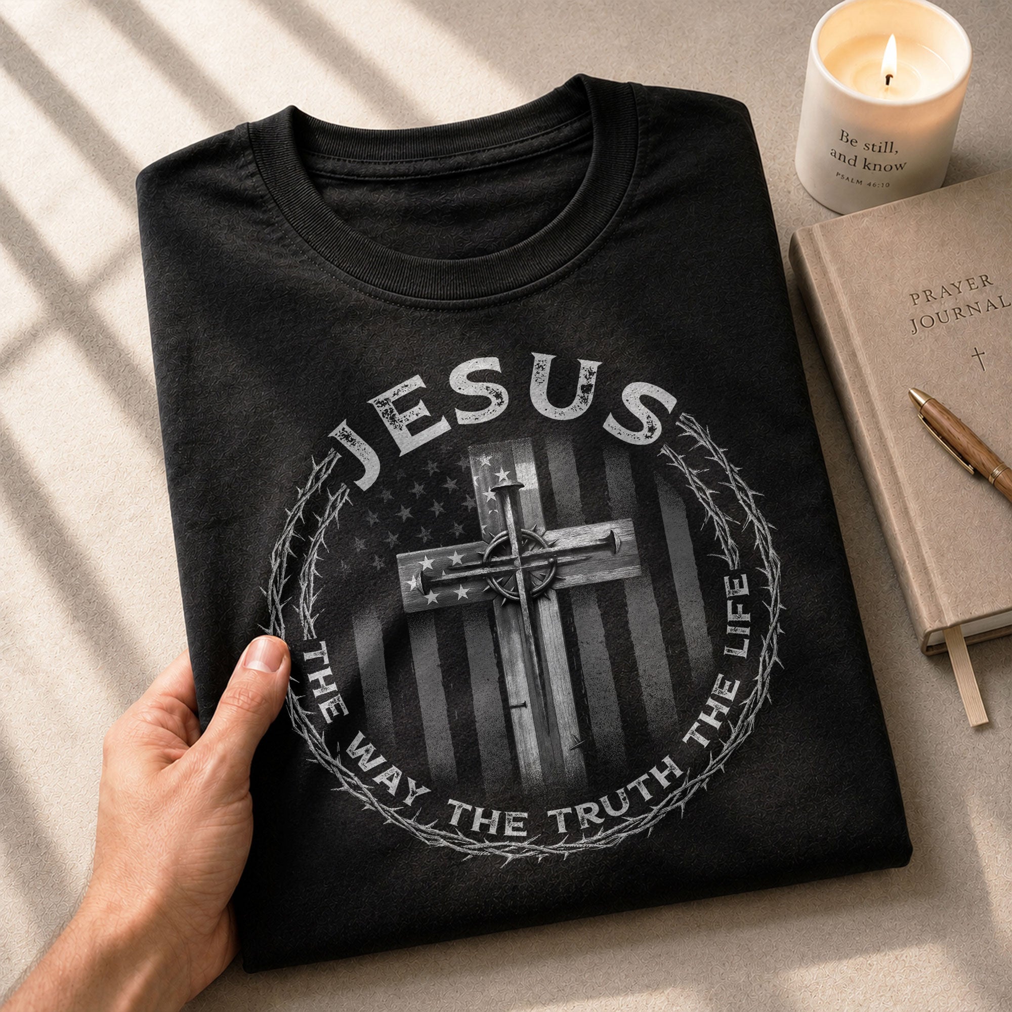 Faith Based Christian Tee Shirts, Jesus Cross American Flag The Way The Truth The Life - Christian Shirts for Men - Rust Field Wear
