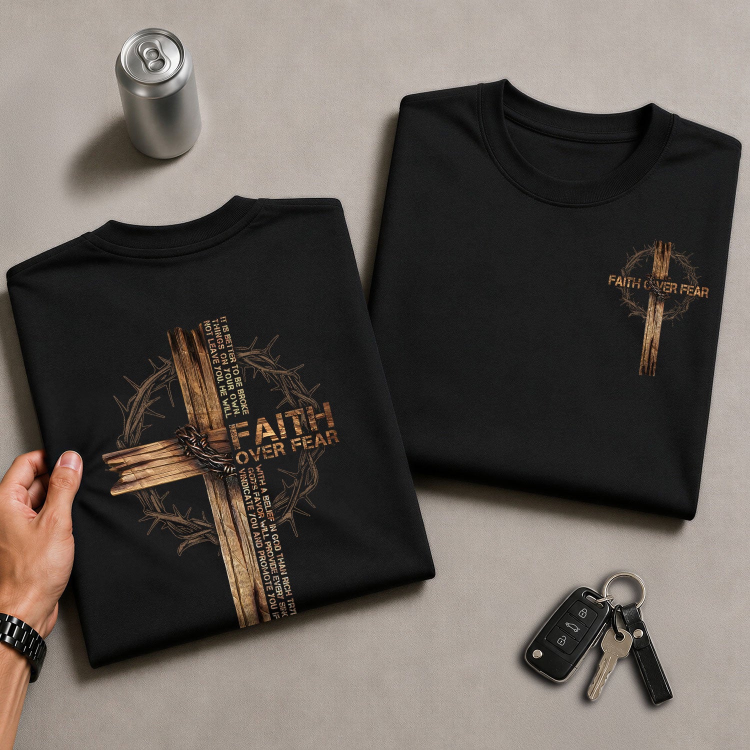 Christian Tee Shirts, Faith Over Fear Wooden Cross Crown of Thorns - Christian Shirts for Men - Rust Field Wear