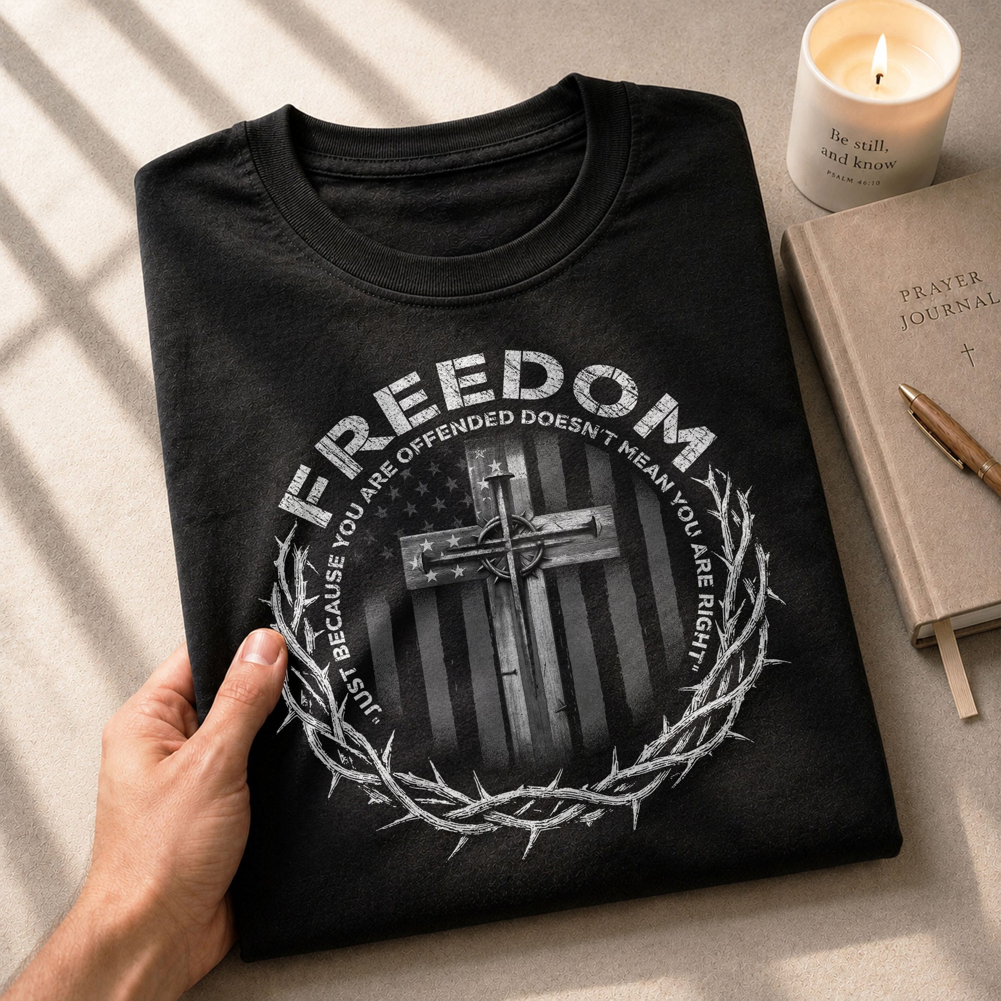 Freedom Shirts for Men, Freedom Memorial American Flag Cross with Crown of Thorns and Quote - Patriotic T Shirts - Rust Field Wear