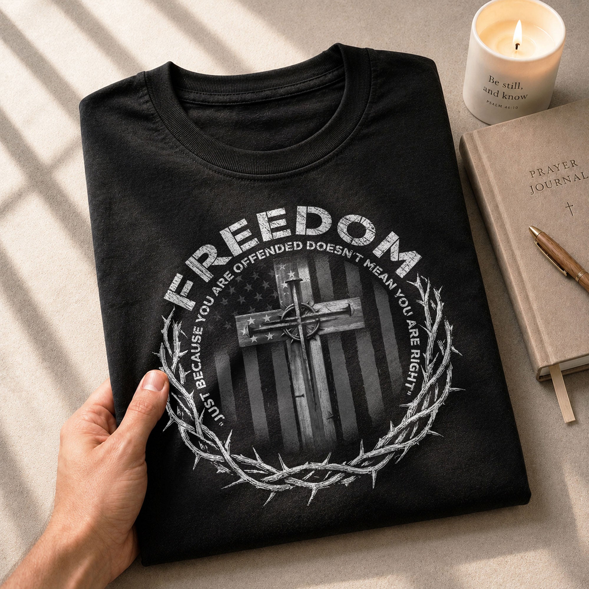 Freedom Shirts for Men, Freedom Memorial American Flag Cross with Crown of Thorns and Quote - Patriotic T Shirts - Rust Field Wear