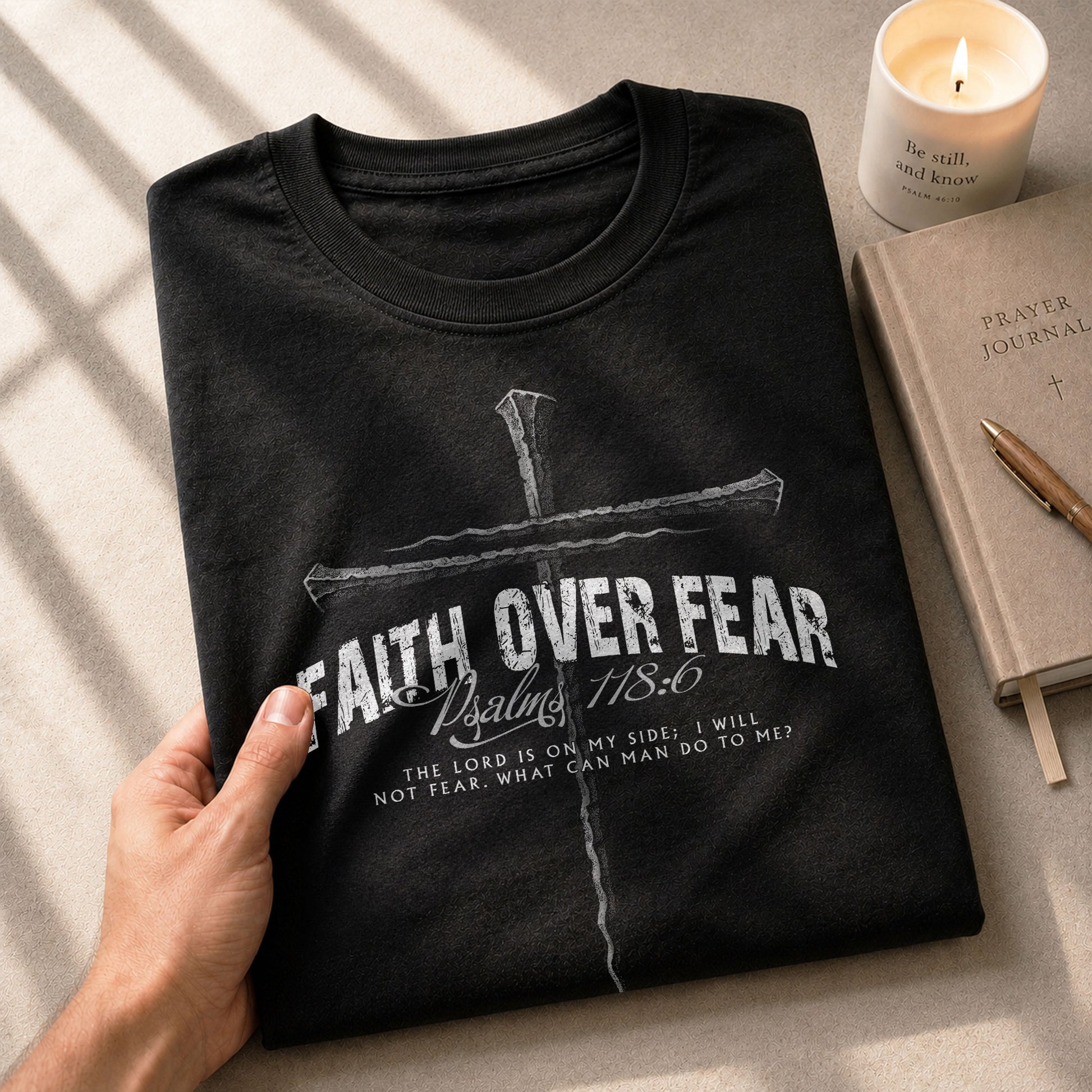 Faith Based Christian Tee Shirts, Faith Over Fear Psalm 118:6 Cross - Christian Shirts for Men - Rust Field Wear