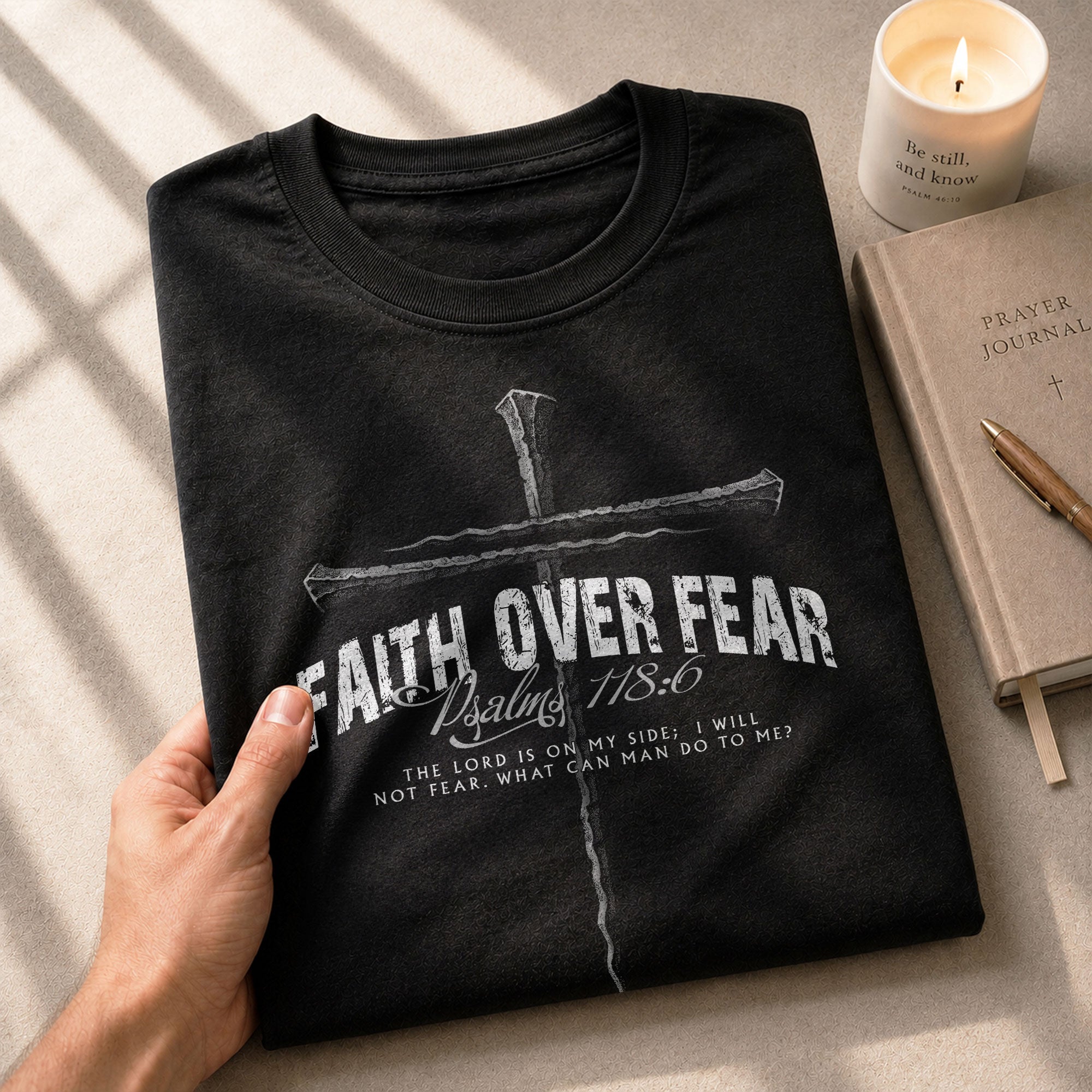 Faith Based Christian Tee Shirts, Faith Over Fear Psalm 118:6 Cross - Christian Shirts for Men - Rust Field Wear