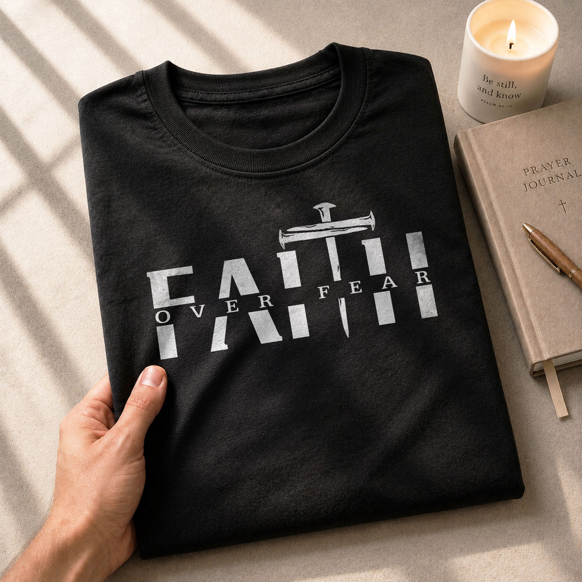 Christian Shirts for Men, Faith Over Fear Sword Cross - Christian Tee Shirts - Rust Field Wear