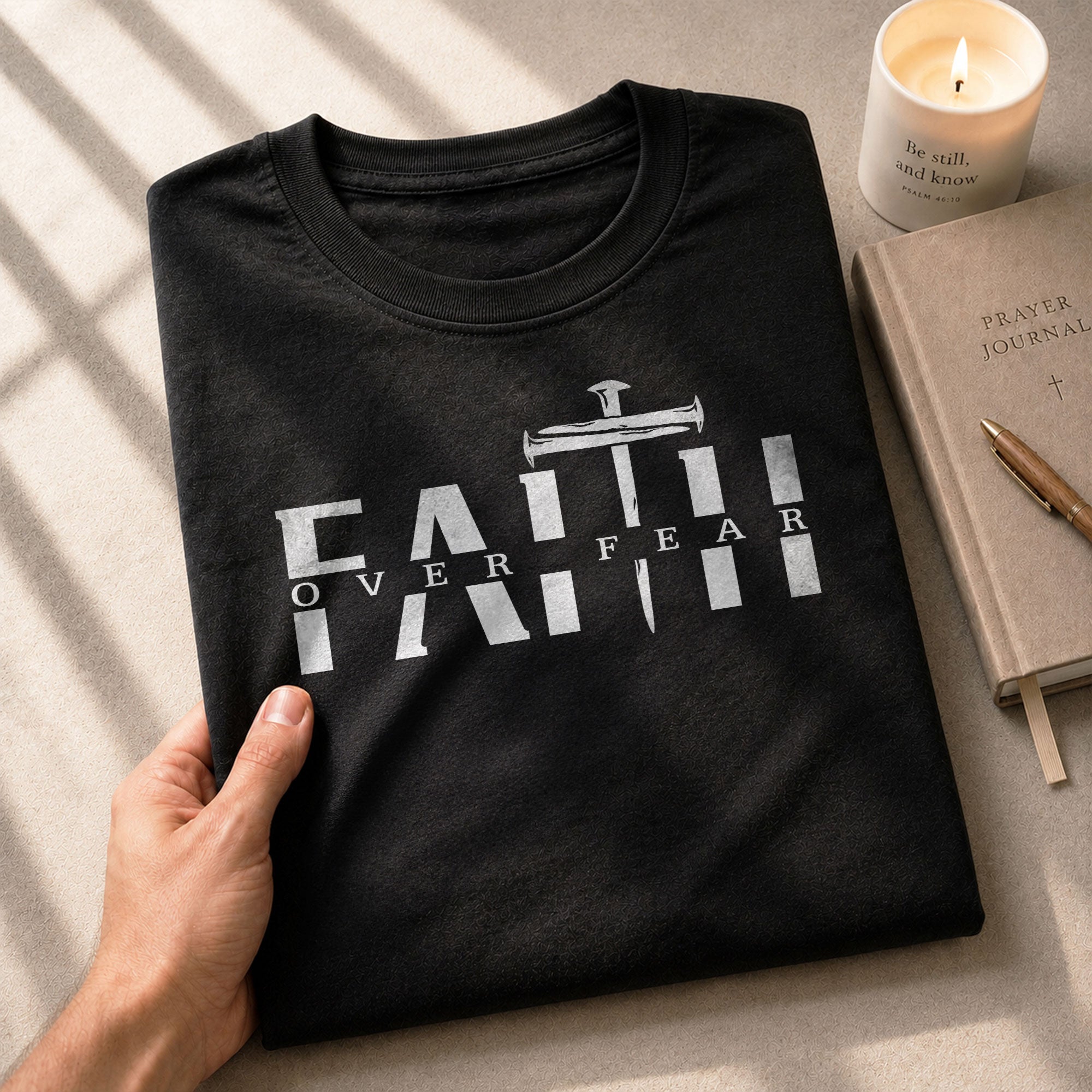 Christian Shirts for Men, Faith Over Fear Sword Cross - Christian Tee Shirts - Rust Field Wear