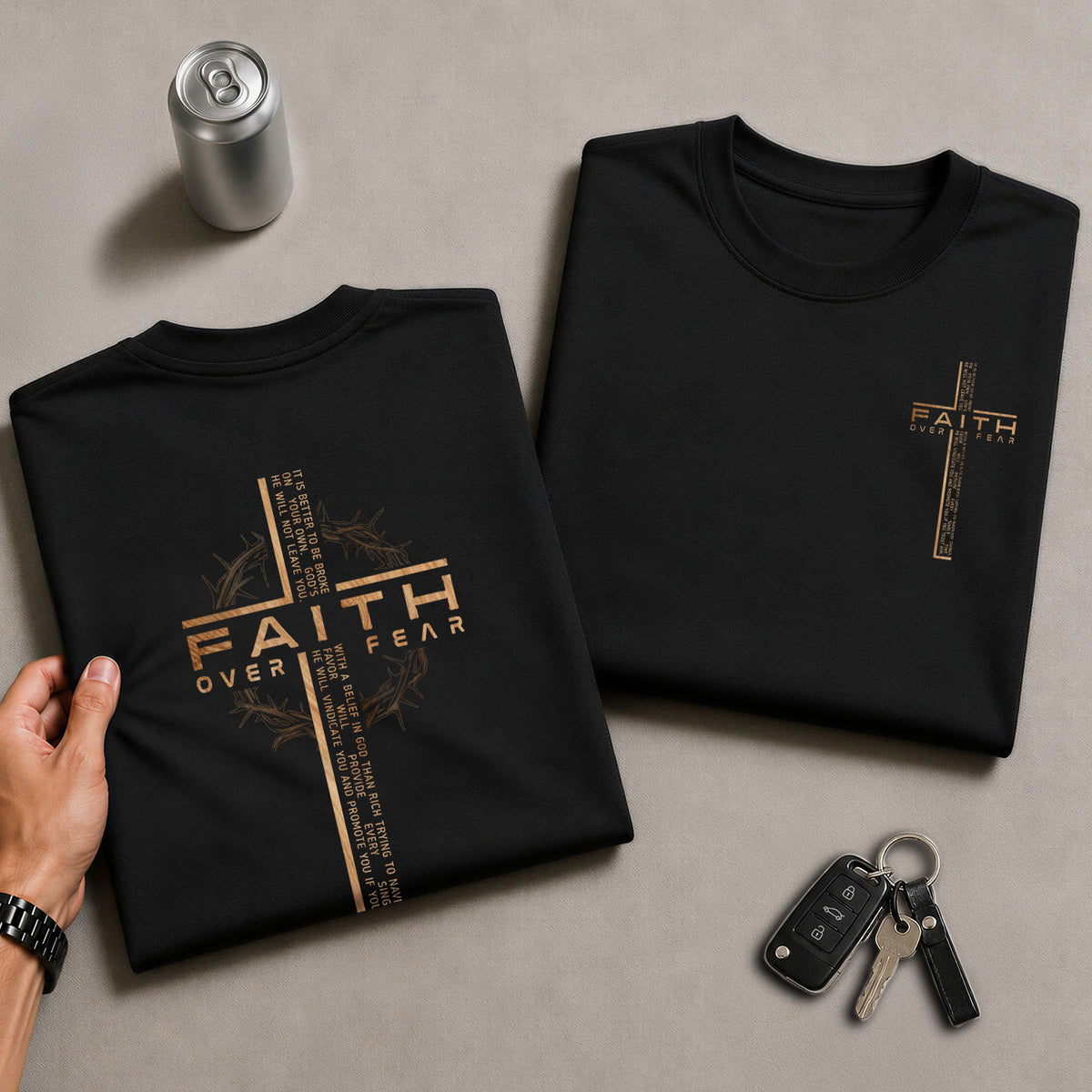 Faith Based Christian Tee Shirts, Faith Over Fear Cross with Crown of Thorns Scripture - Christian Shirts for Men - Rust Field Wear