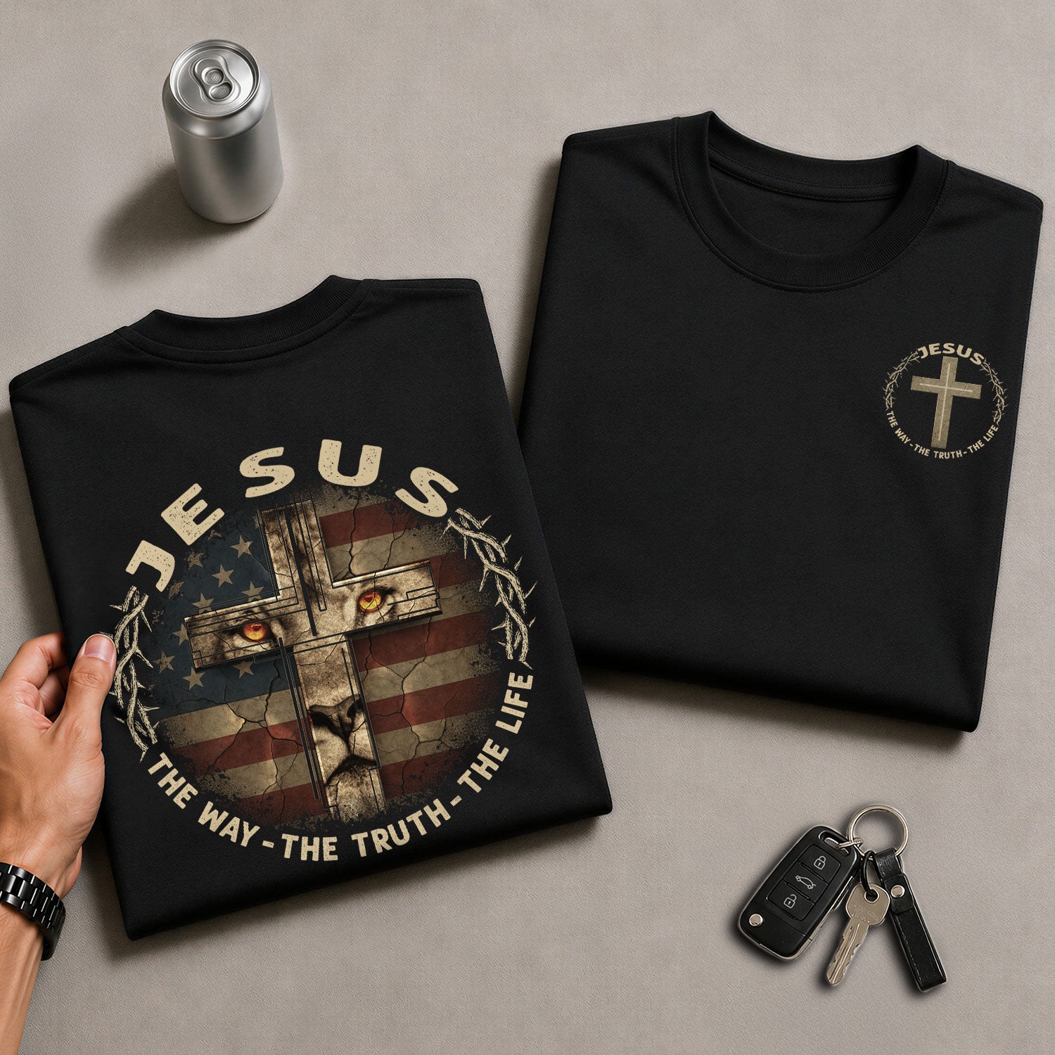Jesus and American Flag Lion Cross The Way The Truth The Life, Christian Tee Shirts - Faith Shirts for Men - Rust Field Wear