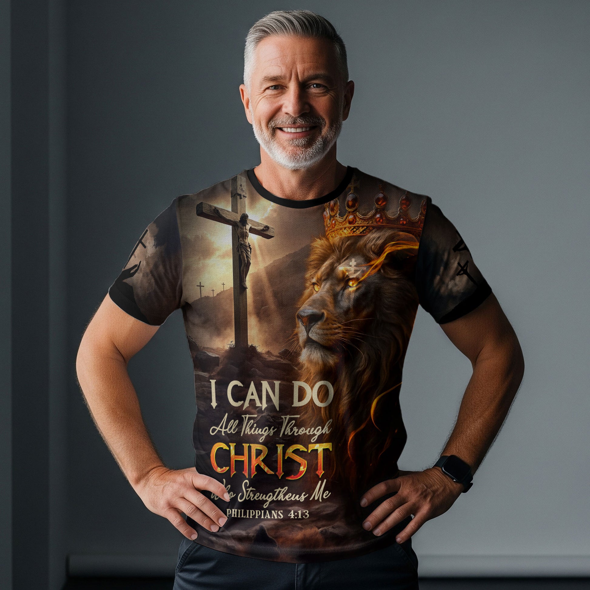 RustField Co, I Can Do All Things Through Christ Lion of Judah Cross Fire - Christian Tee Shirts for Men, Freedom Shirts - Rust Field Wear