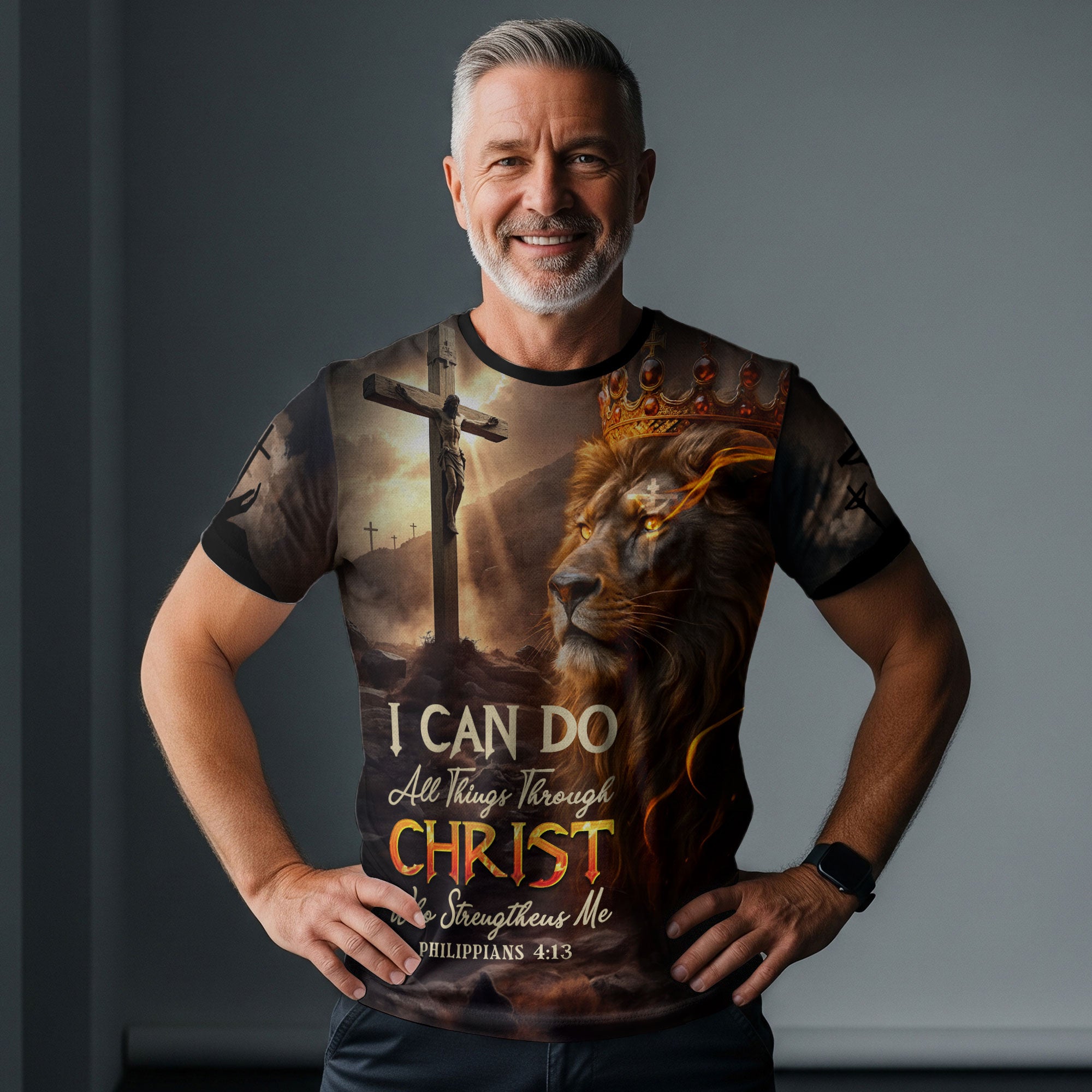 RustField Co, I Can Do All Things Through Christ Lion of Judah Cross Fire - Christian Tee Shirts for Men, Freedom Shirts - Rust Field Wear