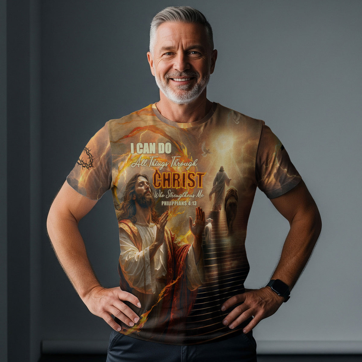 Christian Tee Shirts for Men, RustField Co - I Can Do All Things Through Christ Lion and Lamb Lightning, Freedom Shirts - Rust Field Wear
