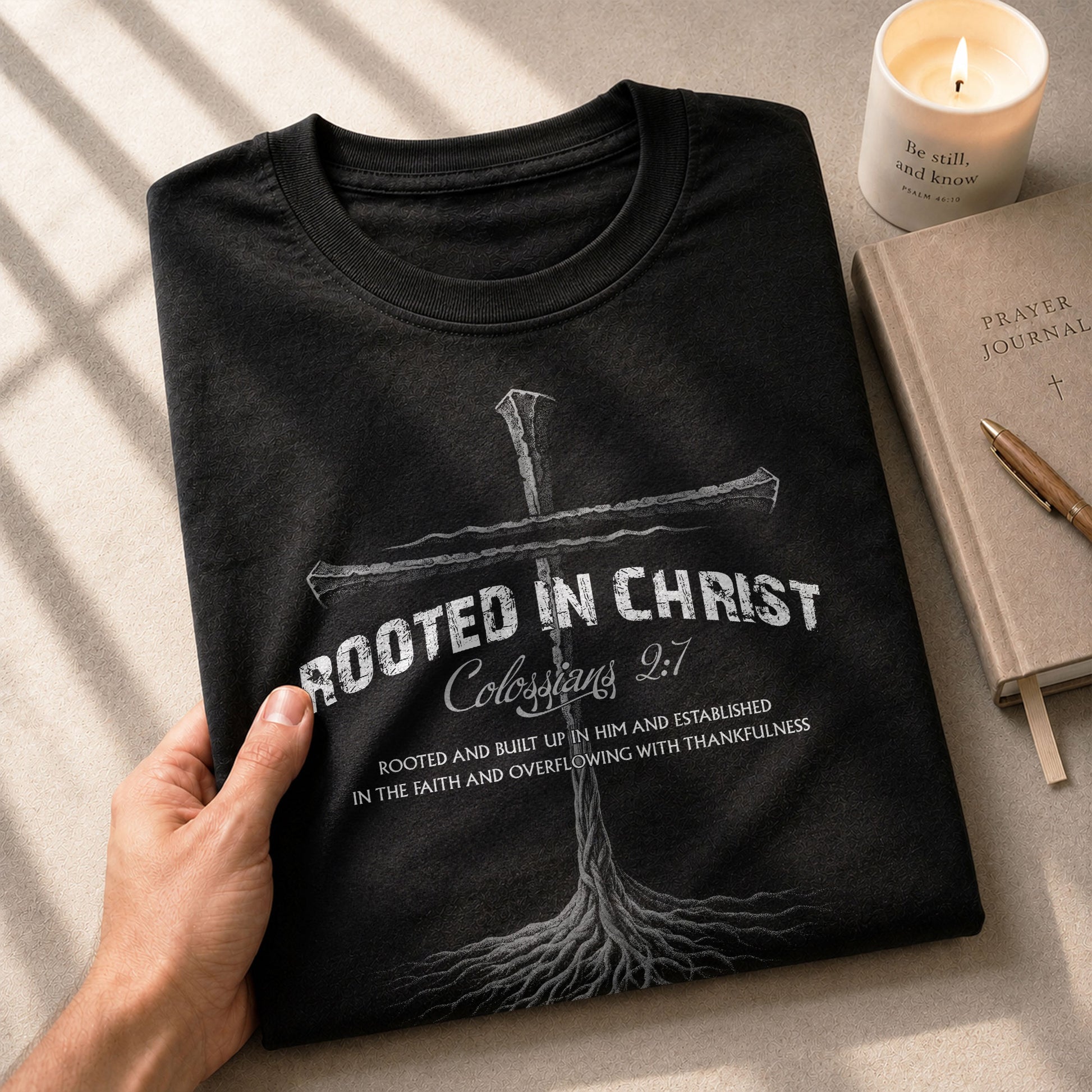 Rooted In Christ Christian Colossians 2:7 Bible Verse, Christian Tee Shirts - Faith Shirts for Men - Rust Field Wear