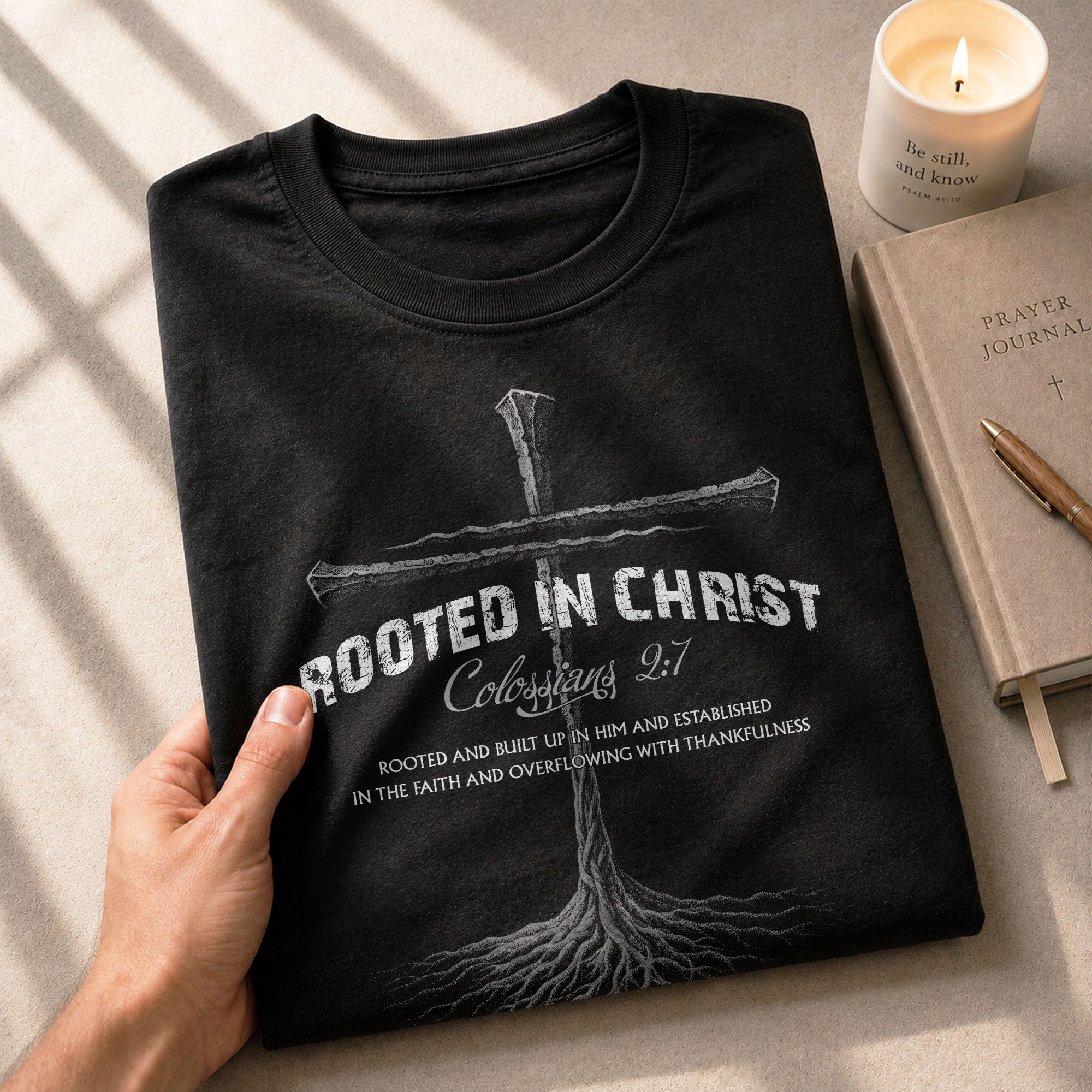 Rooted In Christ Christian Colossians 2:7 Bible Verse, Christian Tee Shirts - Faith Shirts for Men - Rust Field Wear
