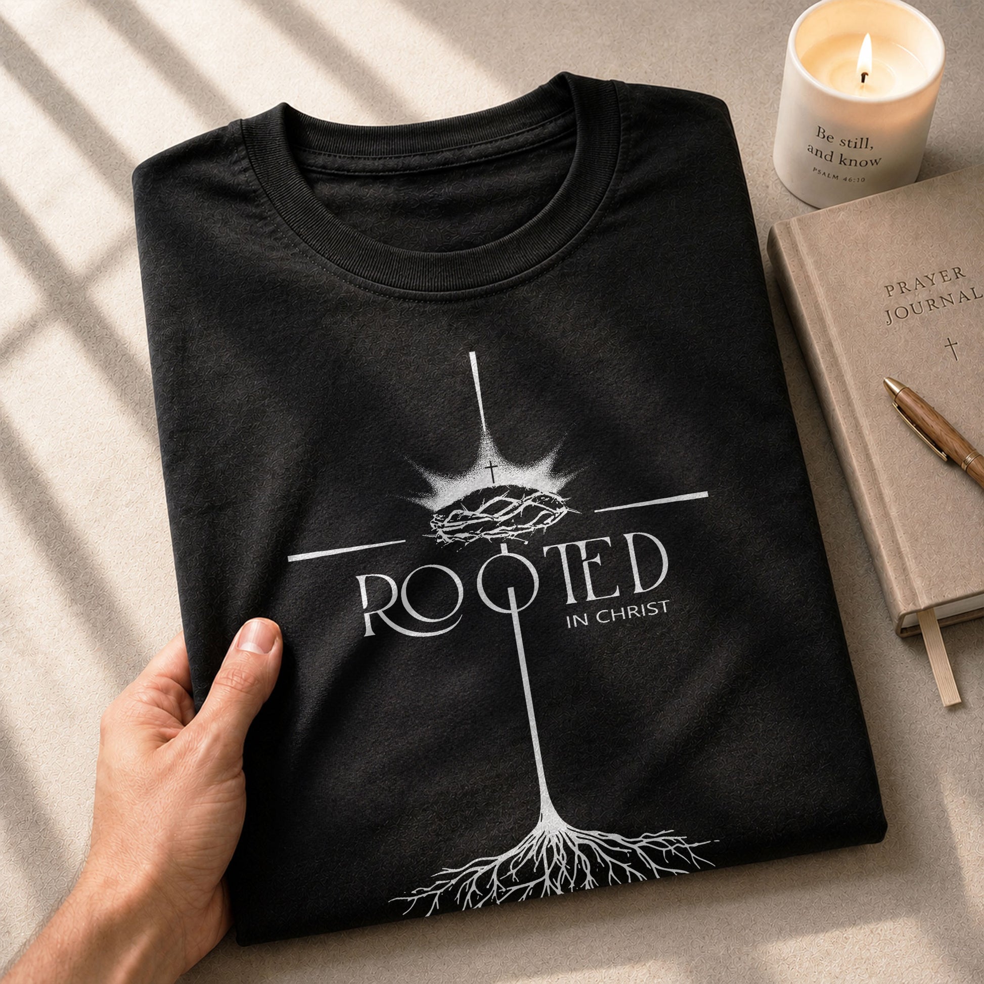 Faith Based Christian Tee Shirts, Rooted In Christ Christian With Crown Of Thorns And Cross Roots - Christian Shirts for Men - Rust Field Wear