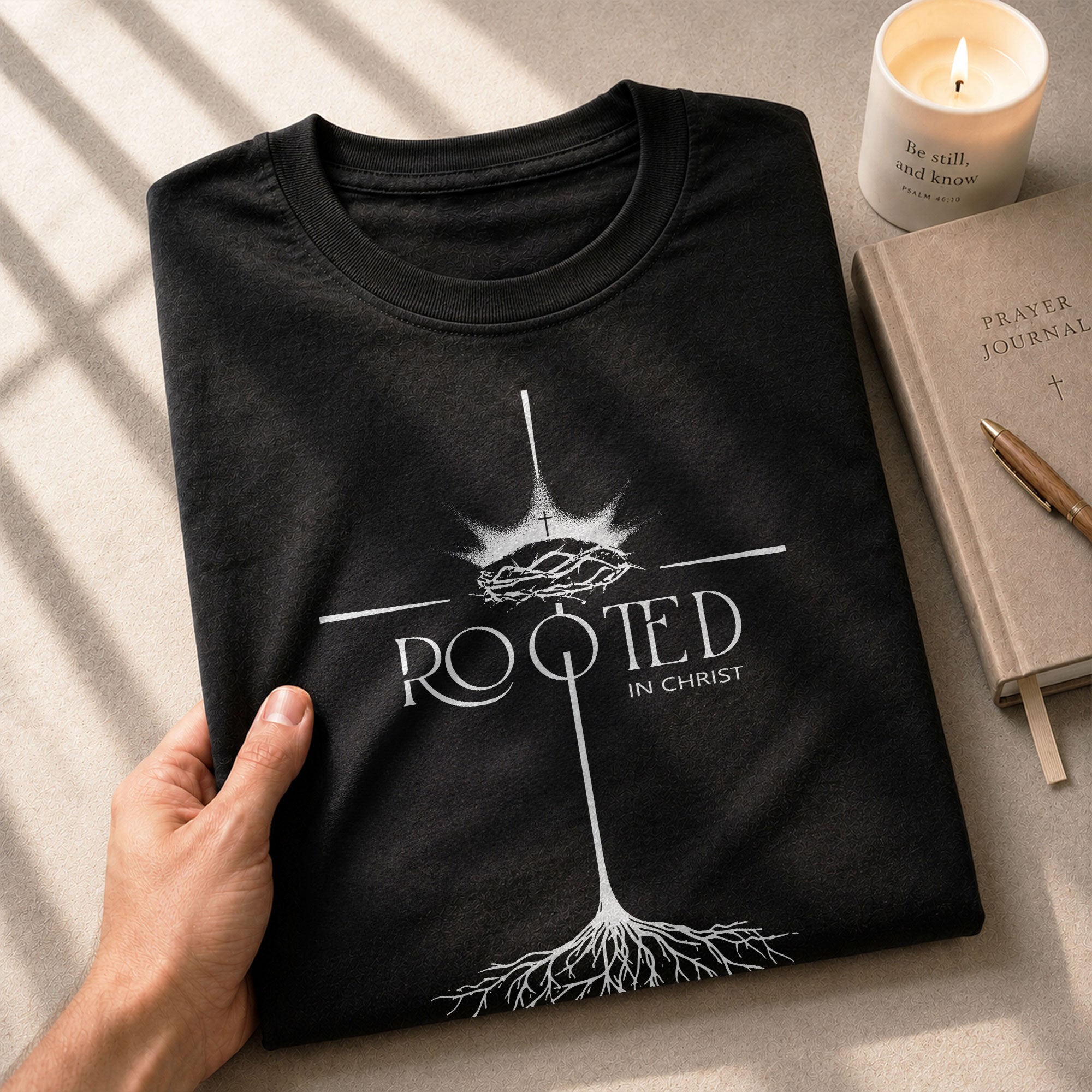 Faith Based Christian Tee Shirts, Rooted In Christ Christian With Crown Of Thorns And Cross Roots - Christian Shirts for Men - Rust Field Wear