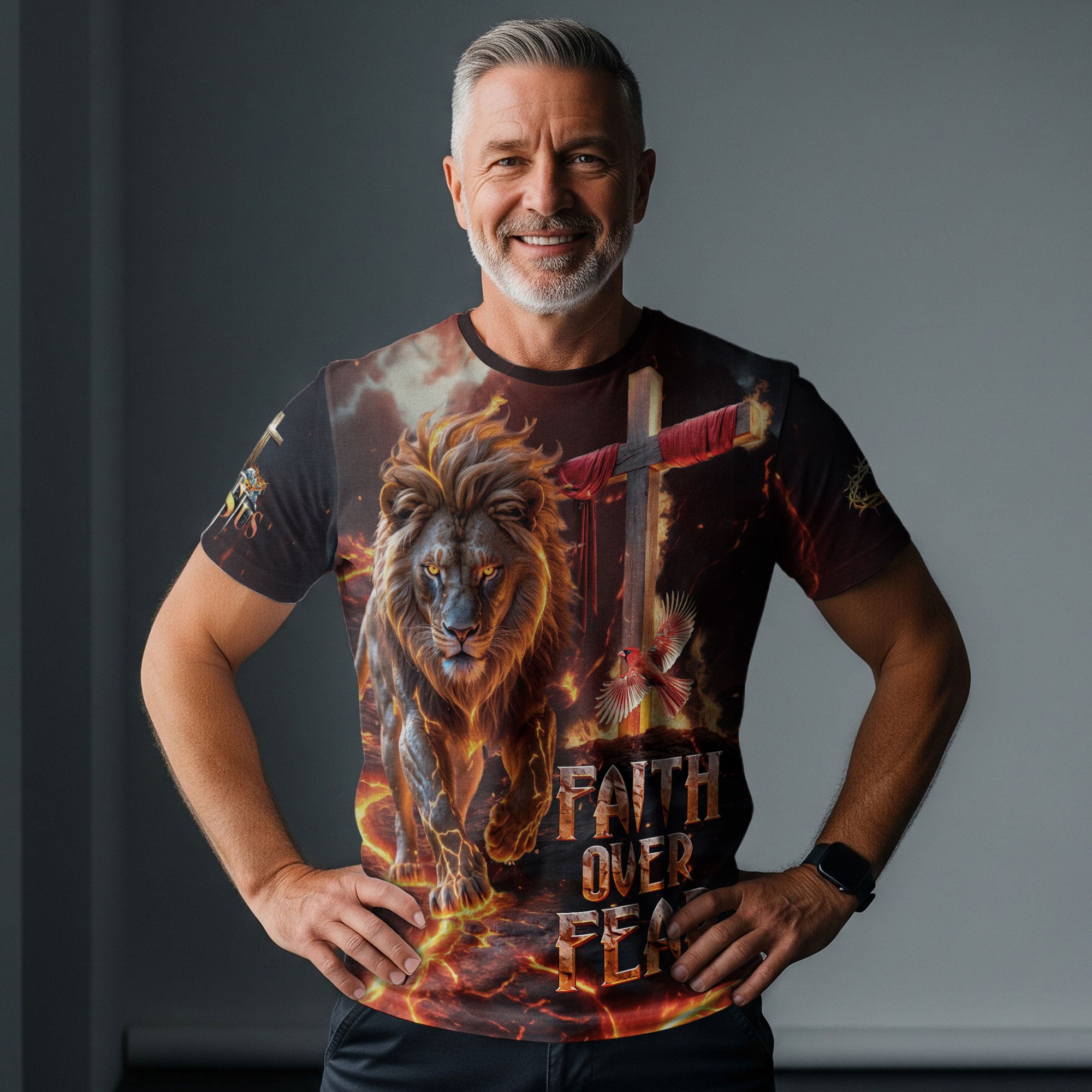 Christian Tee Shirts for Men, RustField Co - Faith Over Fear Lion of Judah Cross, Freedom Shirts - Rust Field Wear