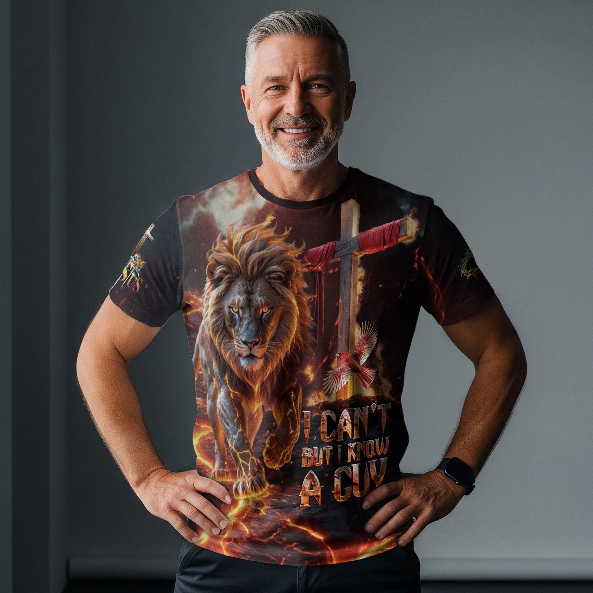 Christian Tee Shirts, I Can't But I Know A Guy Jesus Cross Lion Of Judah Fire Faith - Freedom Shirts for Men, RustField Co - Rust Field Wear