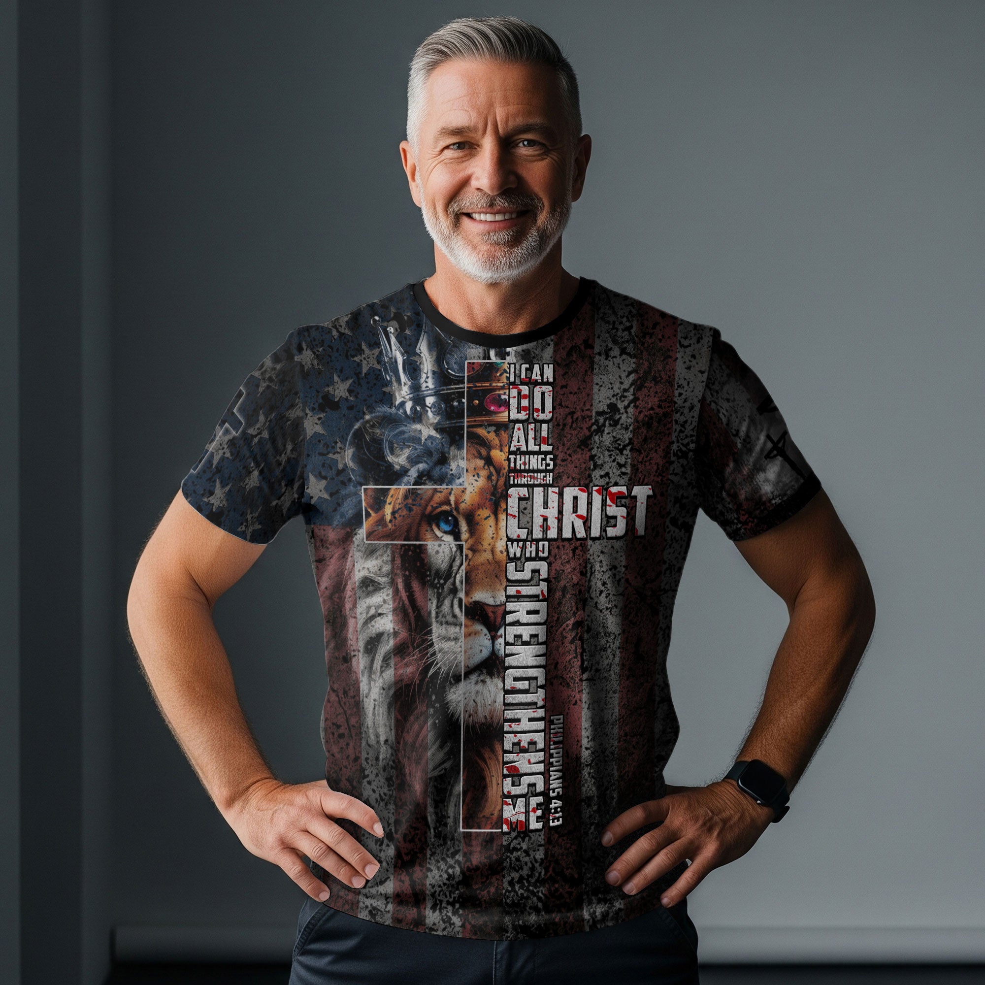 I Can Do All Things Through Christ American Flag Cross Lion Crown - RustField Co Freedom Shirts, Christian Tee Shirts for Men - Rust Field Wear