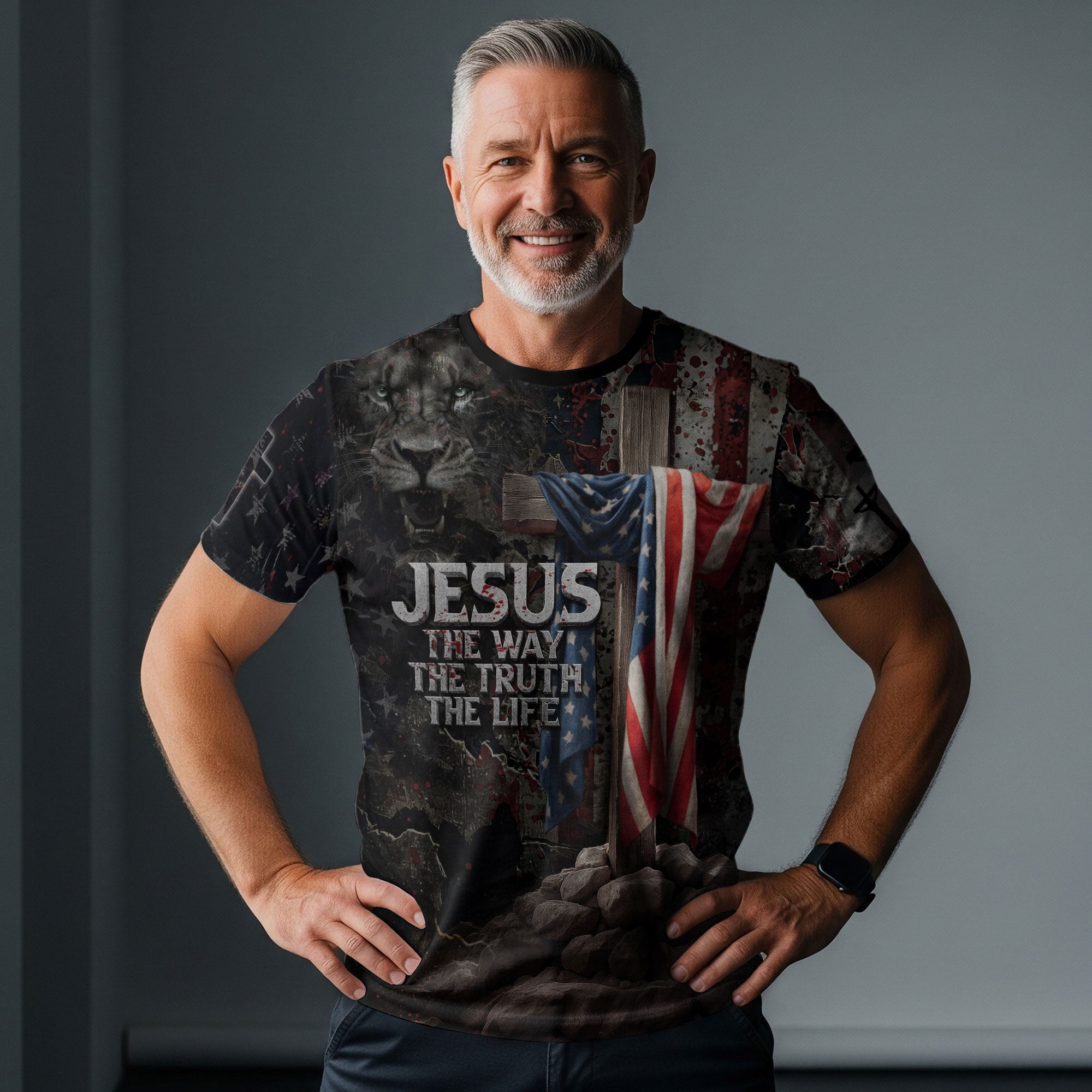 RustField Co Freedom Shirts - Jesus The Way The Truth The Life American Flag Cross Lion, Christian Tee Shirts for Men - Rust Field Wear