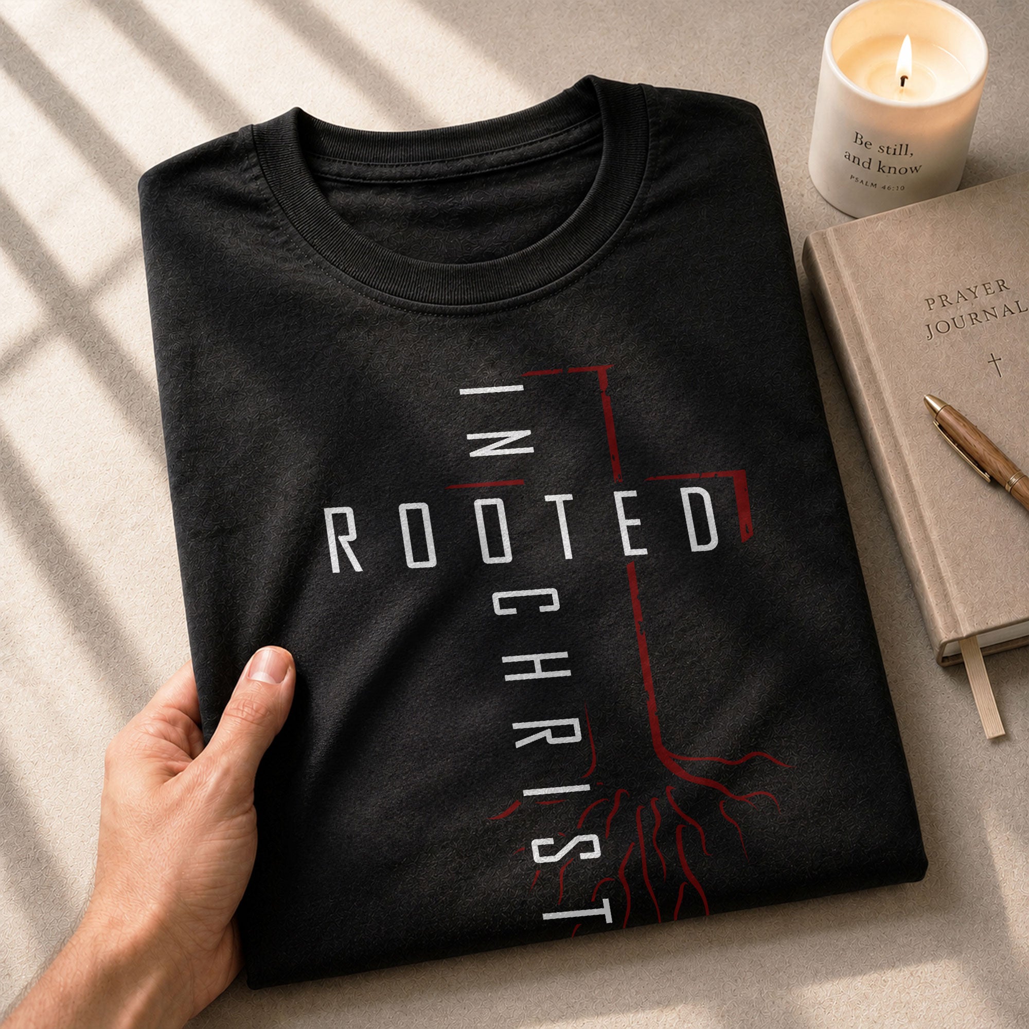 Christian Tee Shirts, Rooted In Christ Red Cross and Roots Christian - Christian Shirts for Men - Rust Field Wear