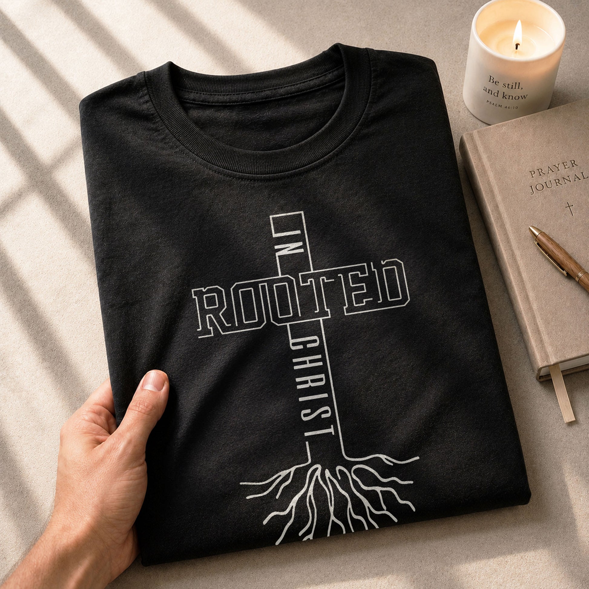 Rooted In Christ Bold Cross Roots Christian, Christian Tee Shirts - Faith Shirts for Men - Rust Field Wear