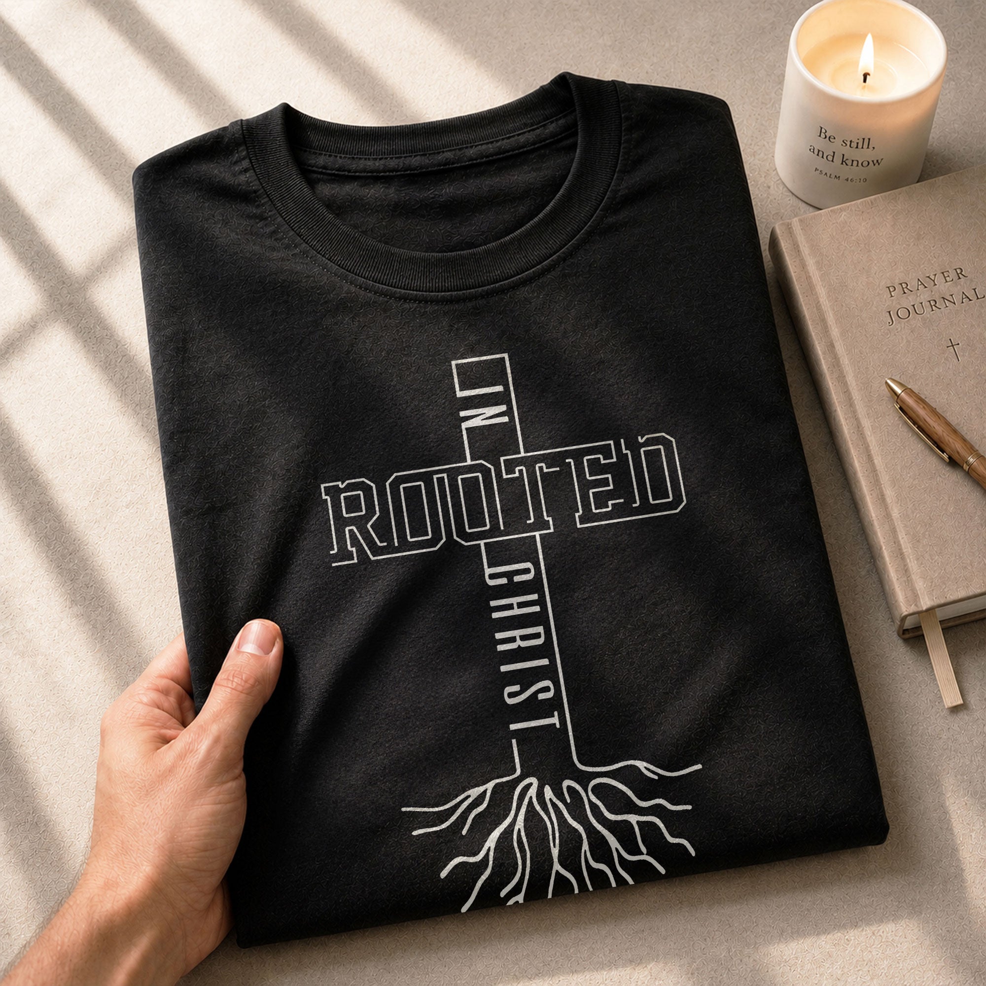 Rooted In Christ Bold Cross Roots Christian, Christian Tee Shirts - Faith Shirts for Men - Rust Field Wear