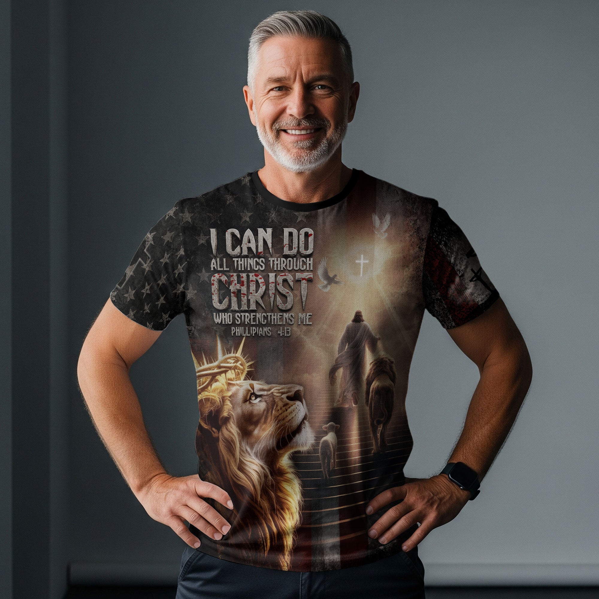 Freedom Shirts for Men, I Can Do All Things Through Christ Lion of Judah American Flag - Christian Tee Shirts, RustField Co - Rust Field Wear