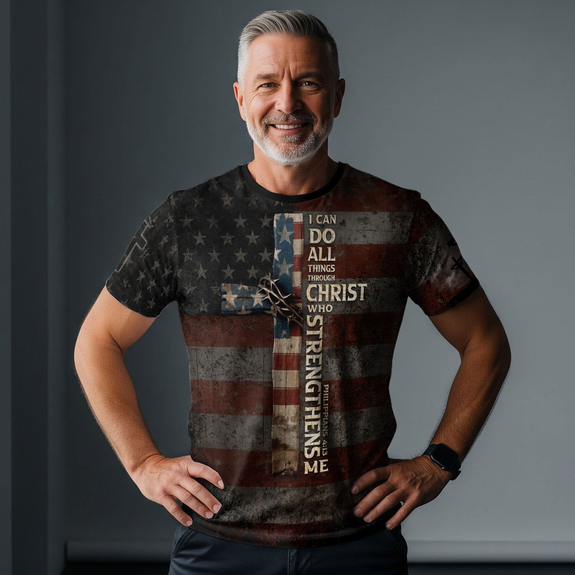 RustField Co Christian Tee Shirts - I Can Do All Things Through Christ Cross American Flag Jesus Lion, Freedom Shirts for Men - Rust Field Wear