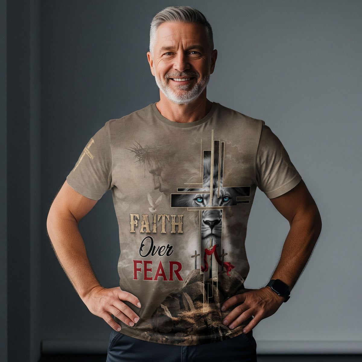 Christian Tee Shirts for Men - Faith Over Fear Lion Cross Desert Light, RustField Co Freedom Shirts - Rust Field Wear