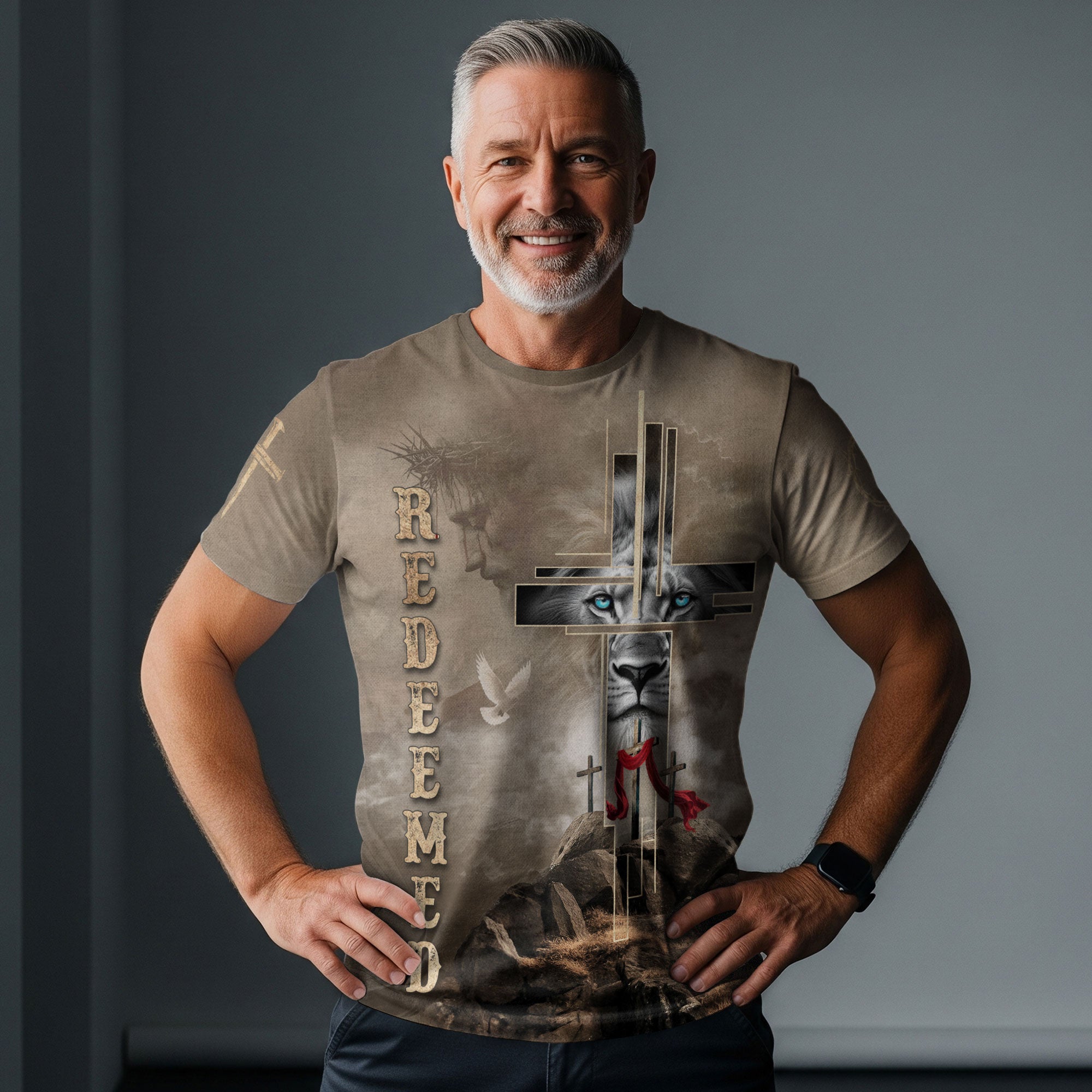 RustField Co, Redeemed Lion Cross Desert Faith - Christian Tee Shirts for Men, Freedom Shirts - Rust Field Wear