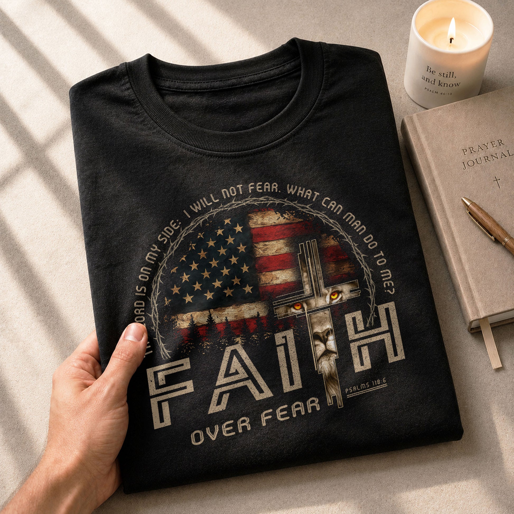 Faith Over Fear Psalms 118:6 Lion Cross American Flag Christian, Christian Shirts for Men - Christian Tee Shirts - Rust Field Wear